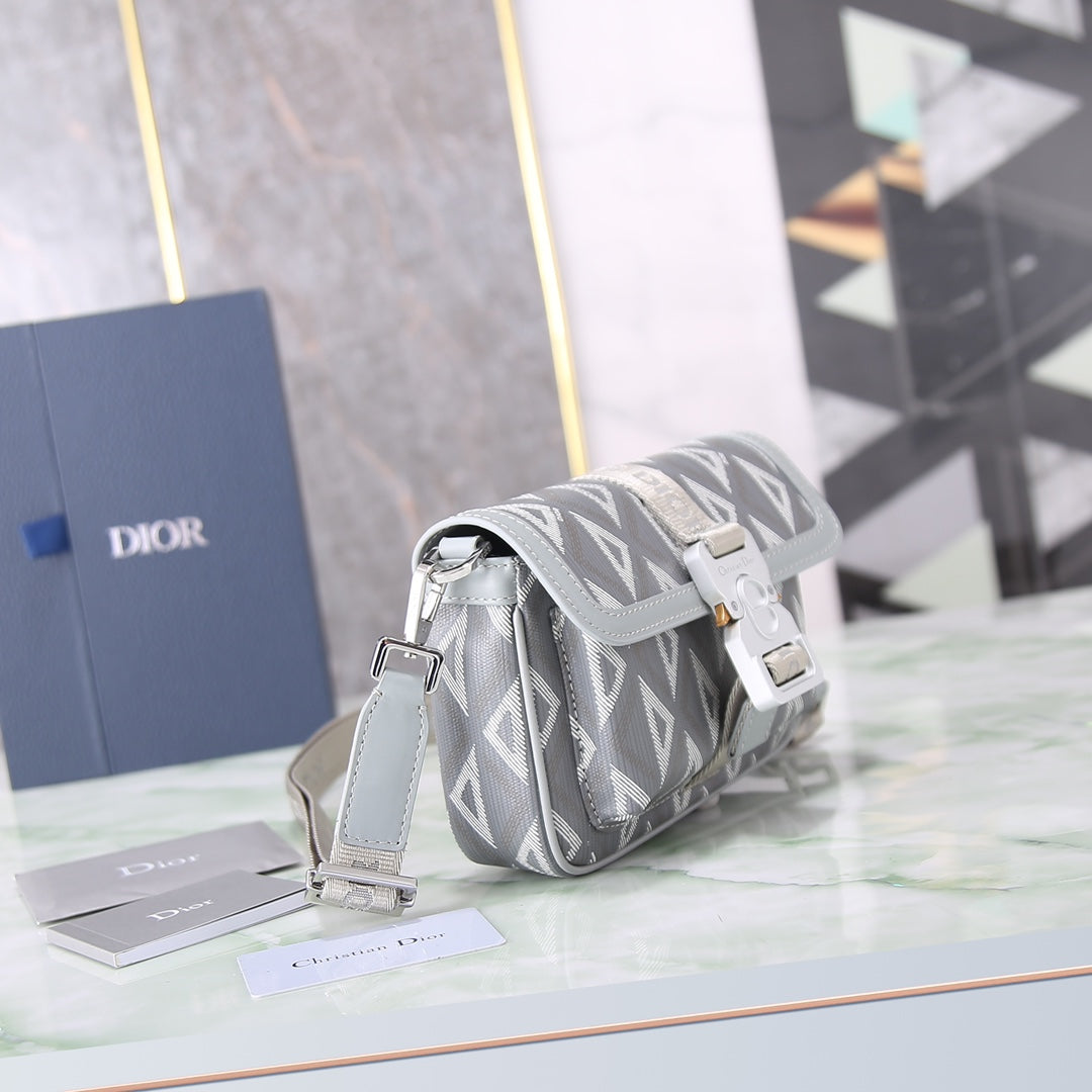 Dior Modern Grey Geometric Print Canvas Shoulder Bag with Metal Buckle