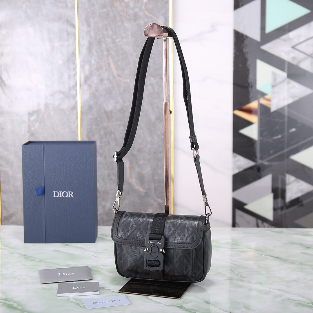 Dior Black Diamond Pattern Crossbody Messenger Bag with Buckle
