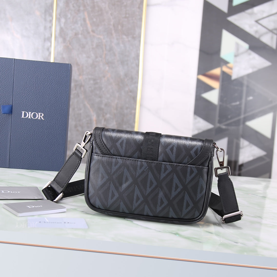 Dior Black Diamond Pattern Crossbody Messenger Bag with Buckle