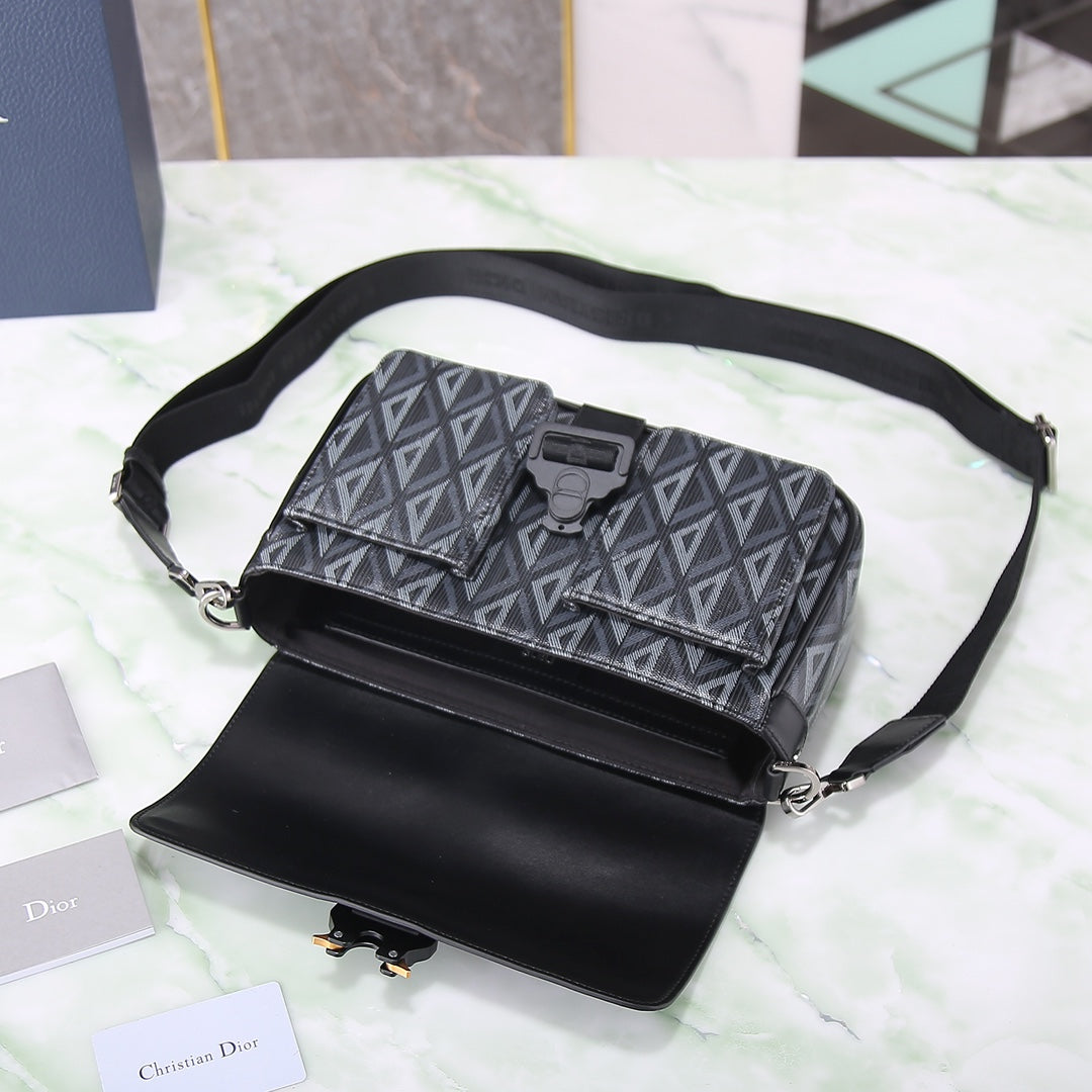 Dior Black Leather and Gray Patterned Canvas Crossbody Shoulder Bag