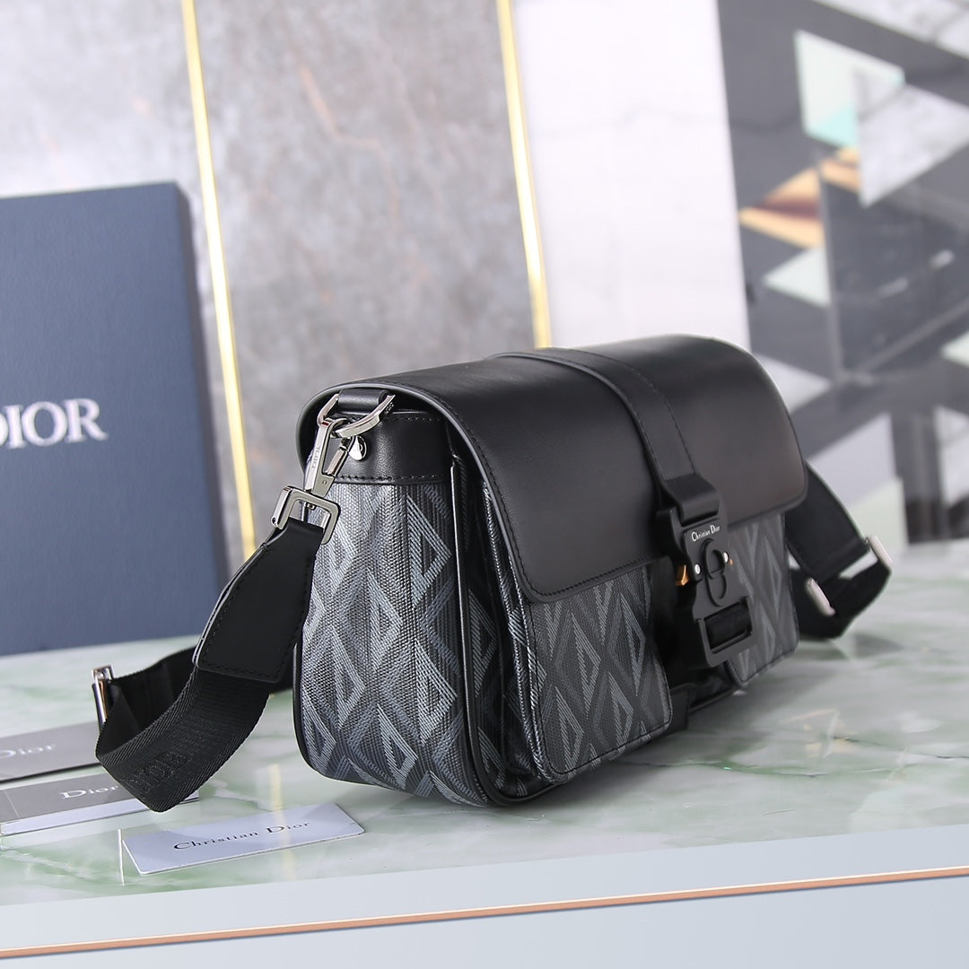 Dior Black Leather and Gray Patterned Canvas Crossbody Shoulder Bag