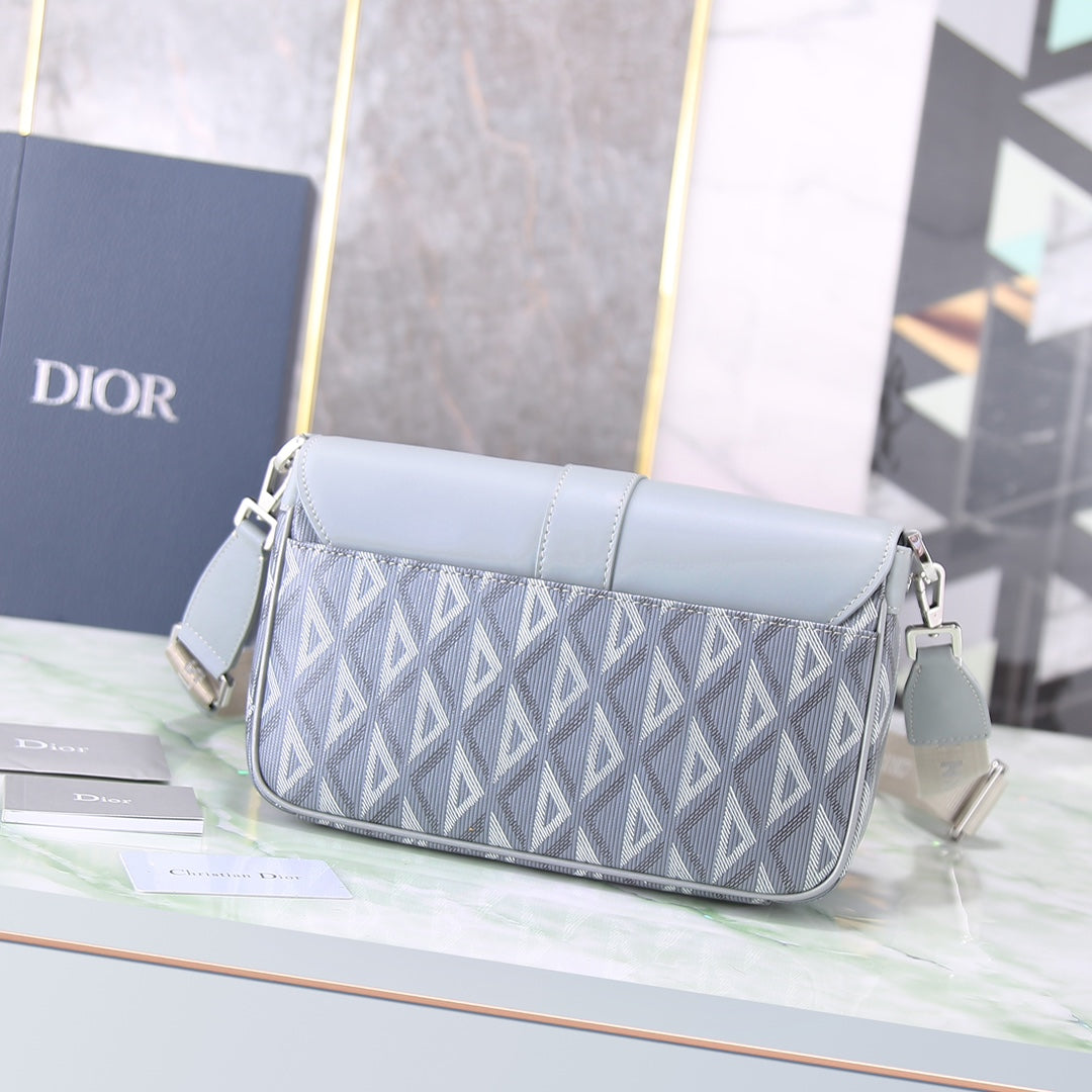 Dior Light Blue Geometric Canvas Crossbody Bag with Metal Buckle