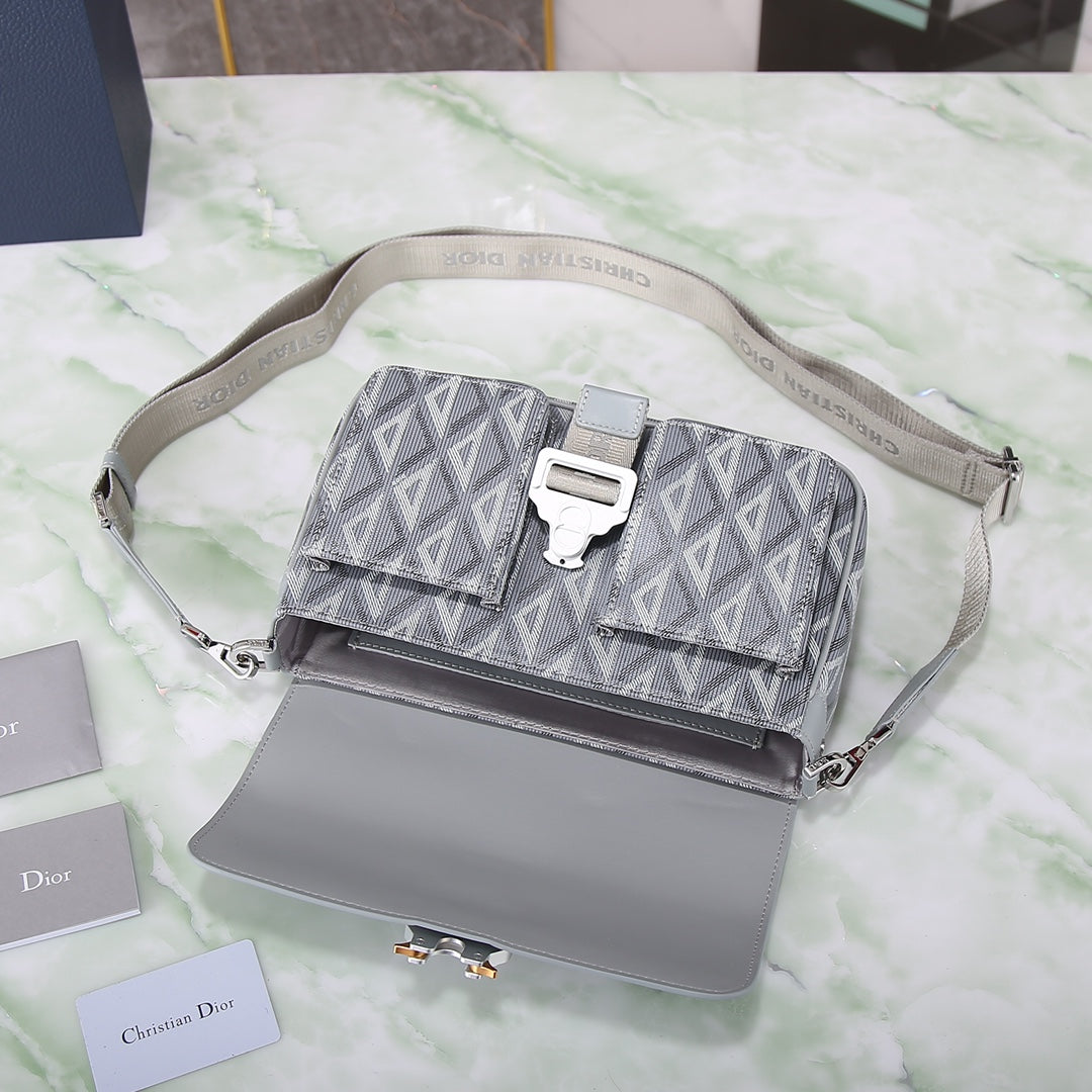 Dior Light Blue Geometric Canvas Crossbody Bag with Metal Buckle