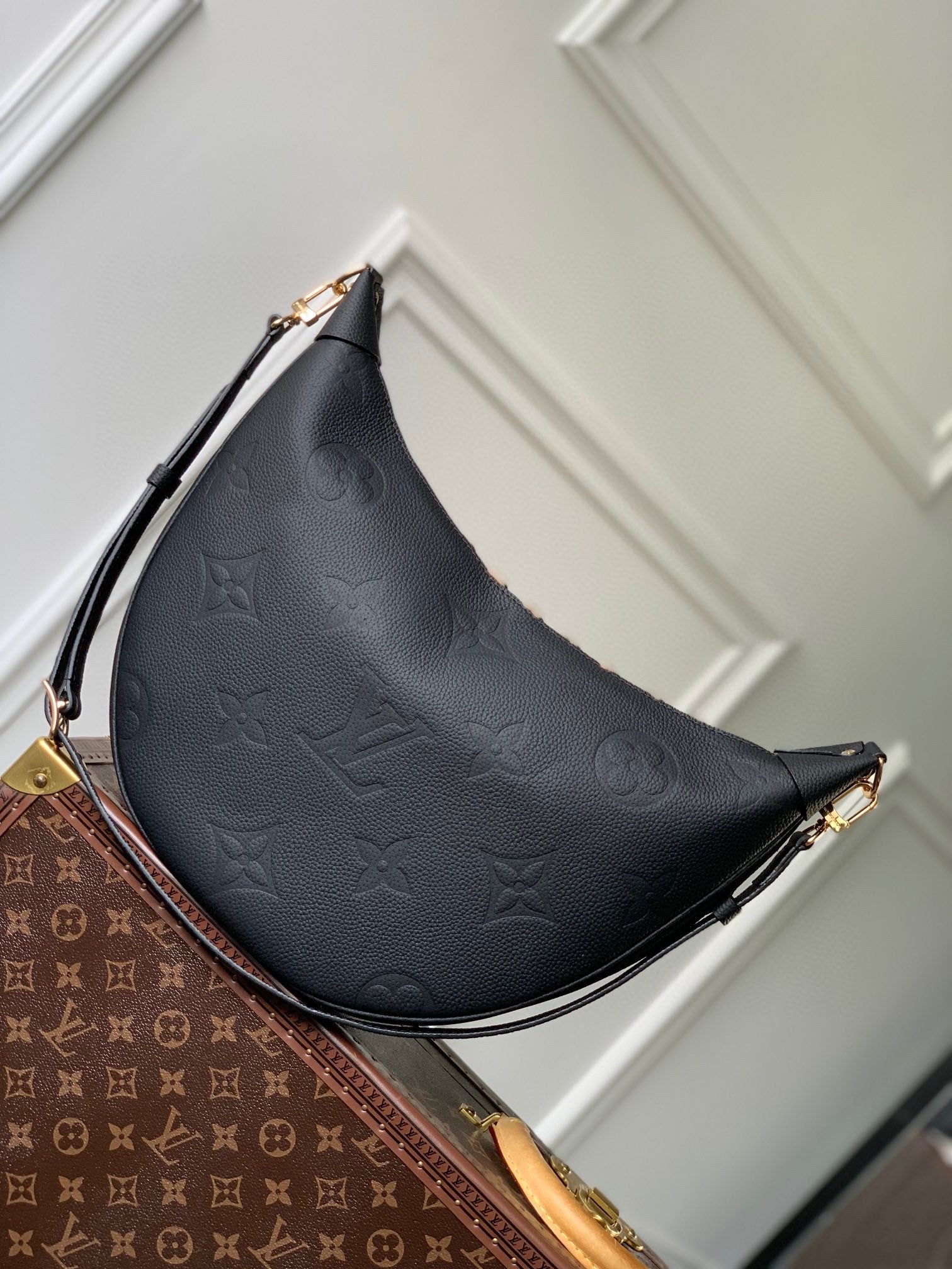 Louis Vuitton Black Embossed Leather Crescent Shoulder Bag with Gold Chain