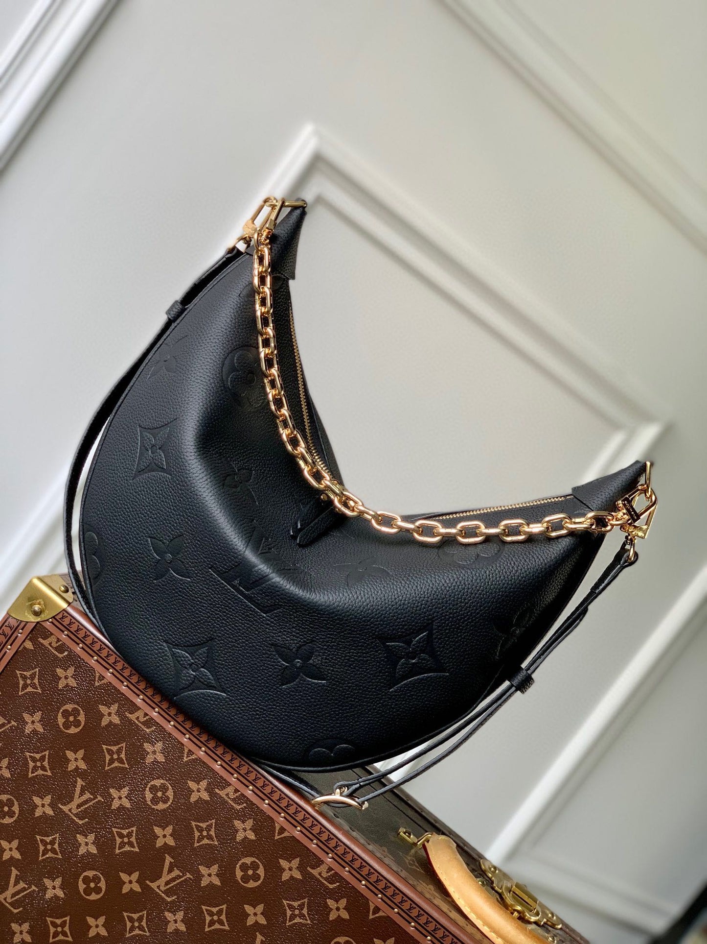Louis Vuitton Black Embossed Leather Crescent Shoulder Bag with Gold Chain