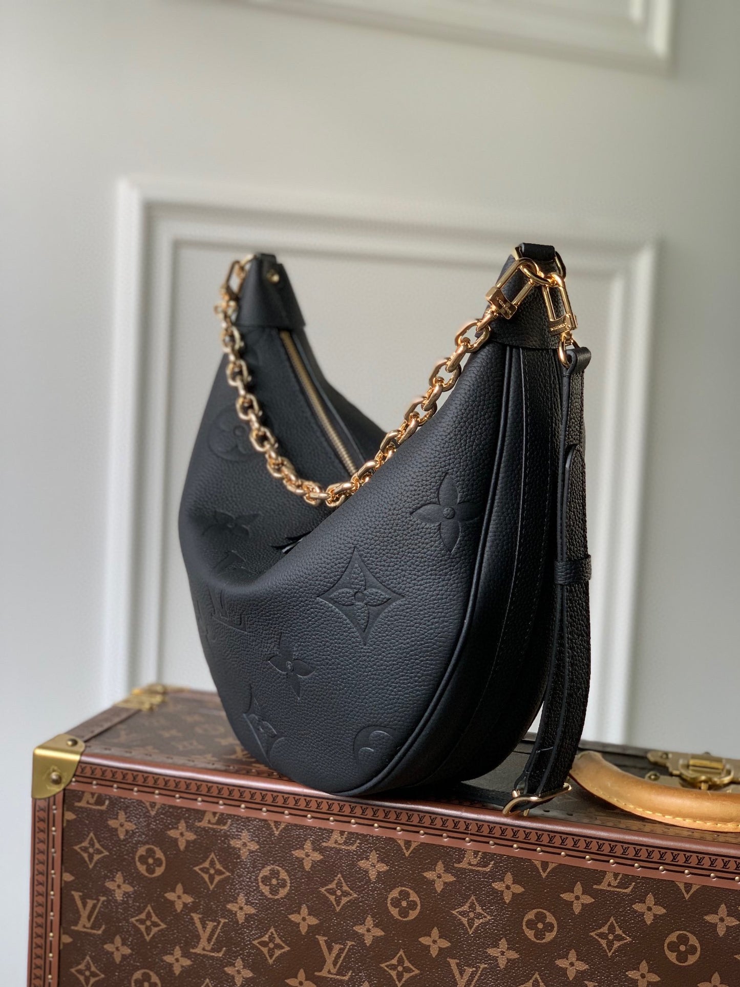 Louis Vuitton Black Embossed Leather Crescent Shoulder Bag with Gold Chain
