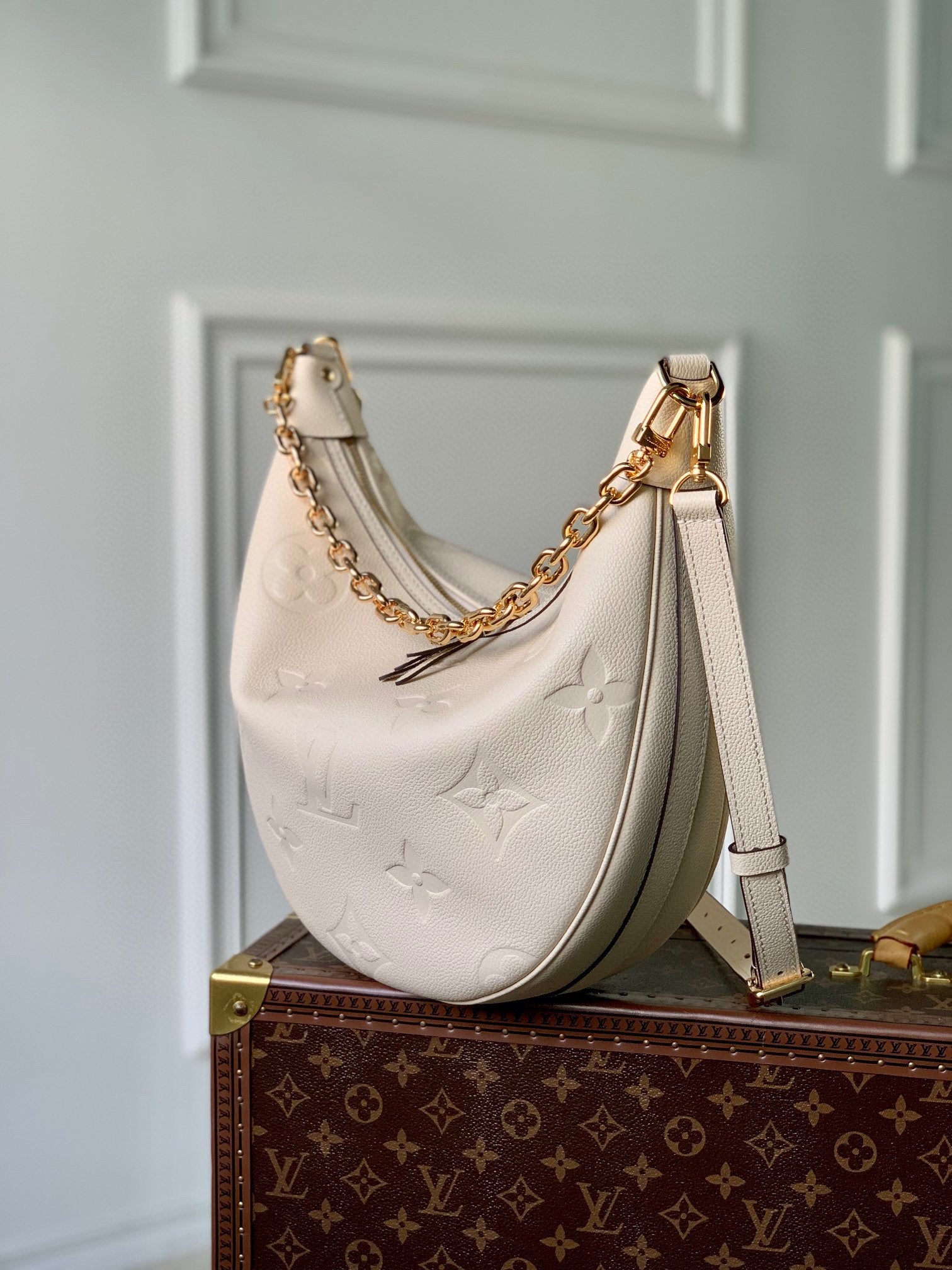 Louis Vuitton Cream Embossed Monogram Crescent Shoulder Bag with Gold Chain Detail