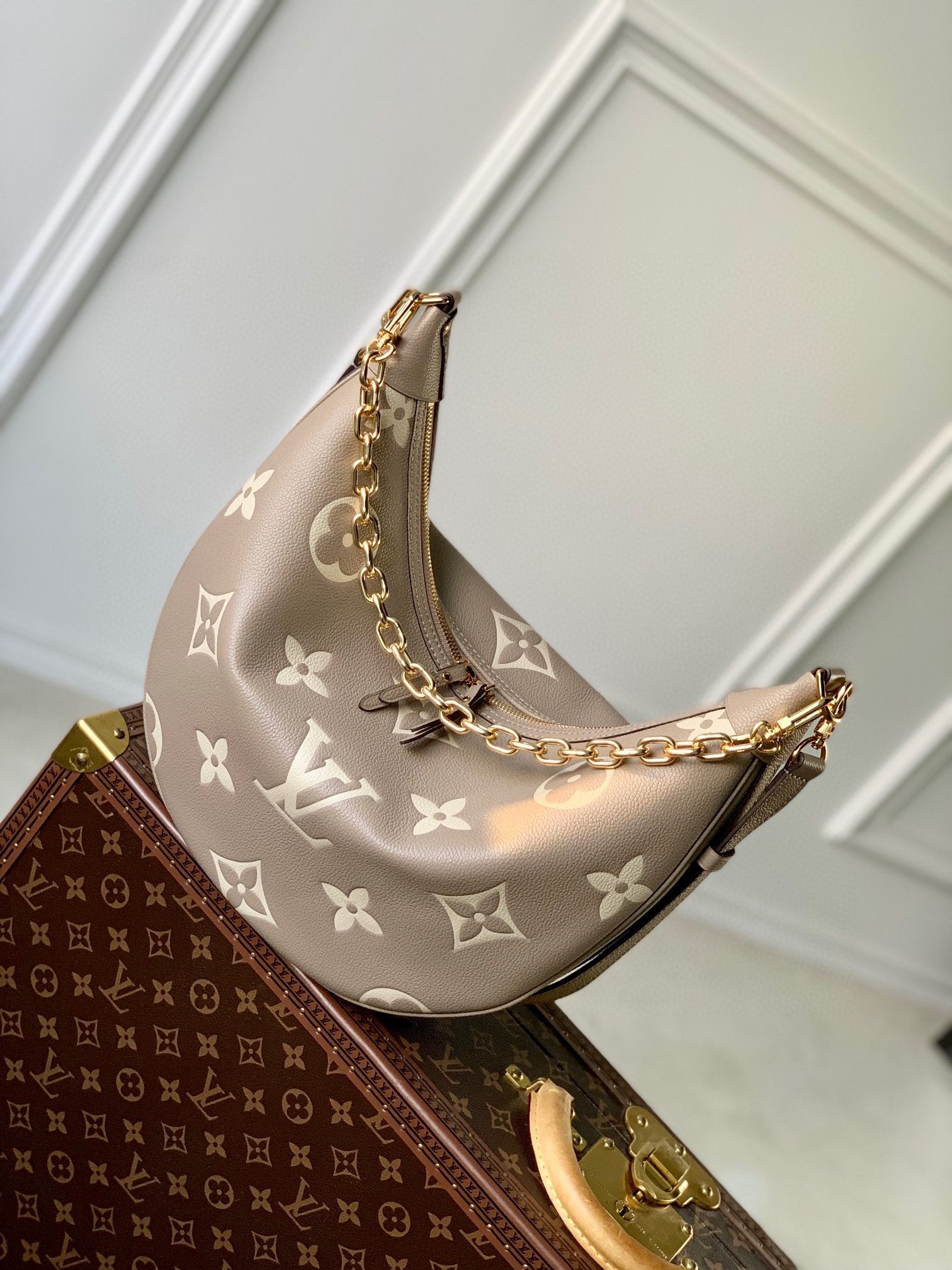 Louis Vuitton Elegant Monogram Print Taupe Leather Crescent Shoulder Bag