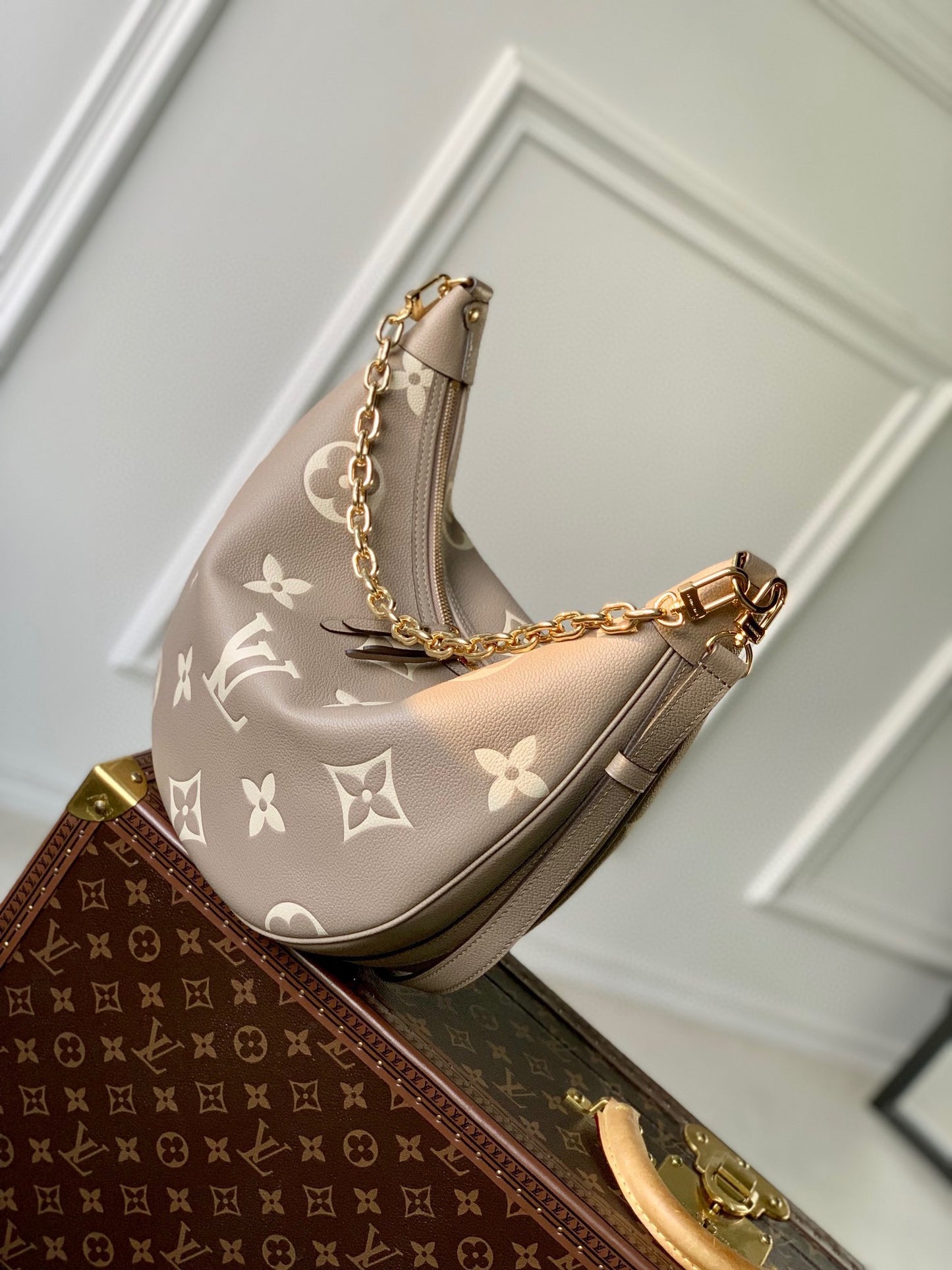 Louis Vuitton Elegant Monogram Print Taupe Leather Crescent Shoulder Bag