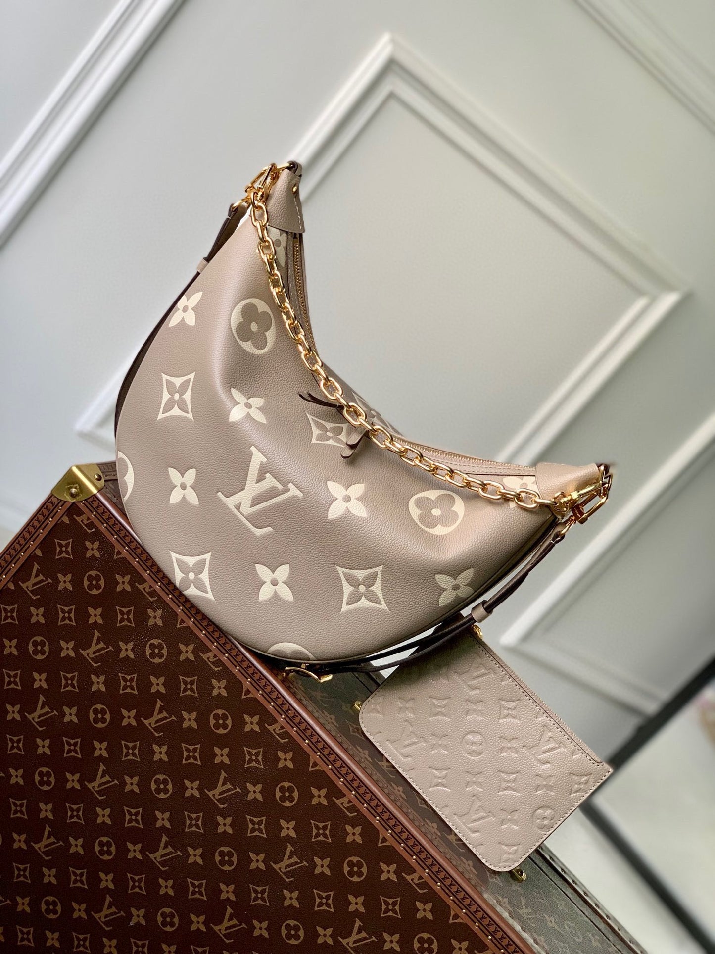 Louis Vuitton Elegant Monogram Print Taupe Leather Crescent Shoulder Bag