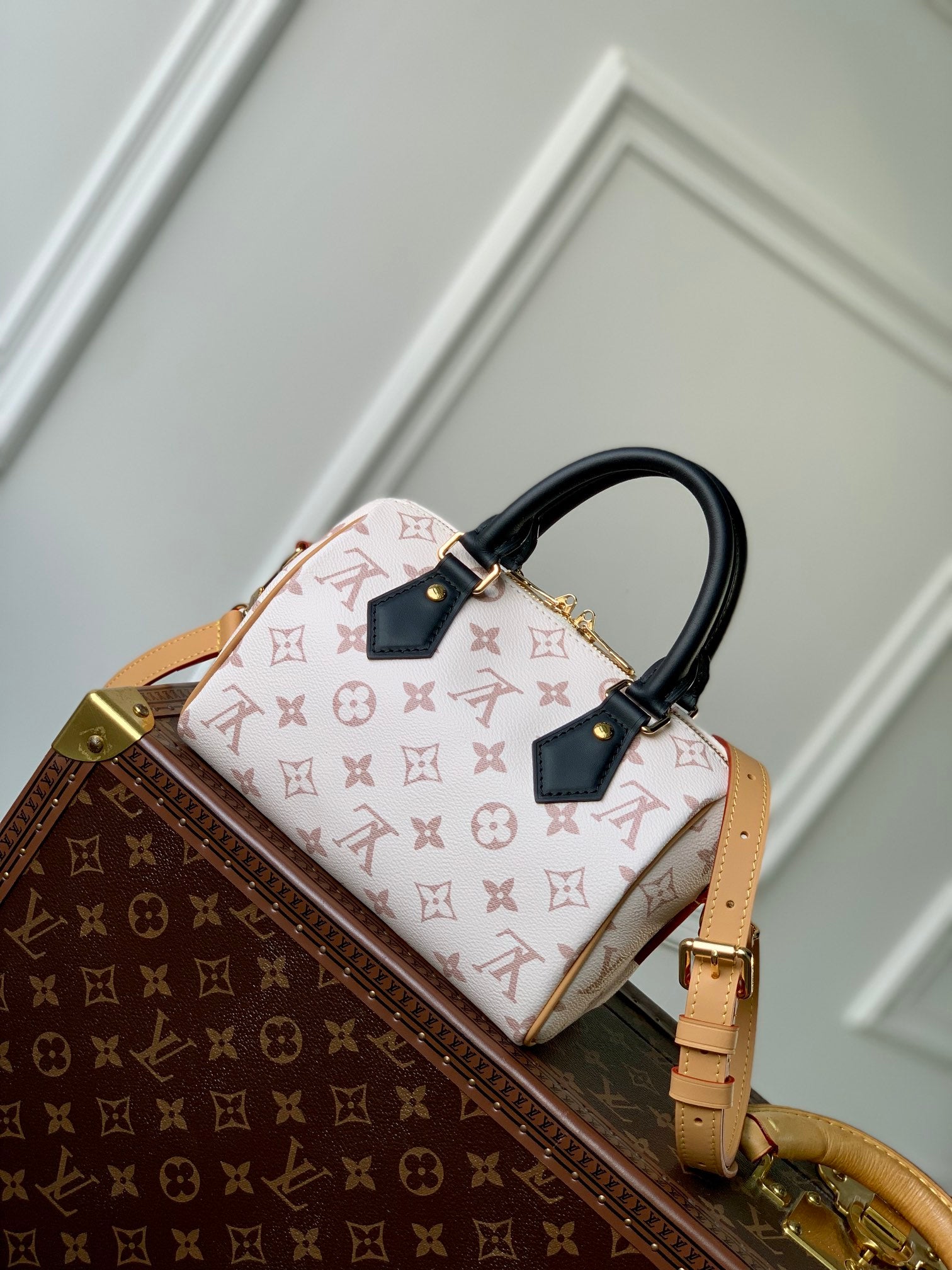 Louis Vuitton Cream Monogrammed Leather Crossbody Satchel Bag with Black Handle