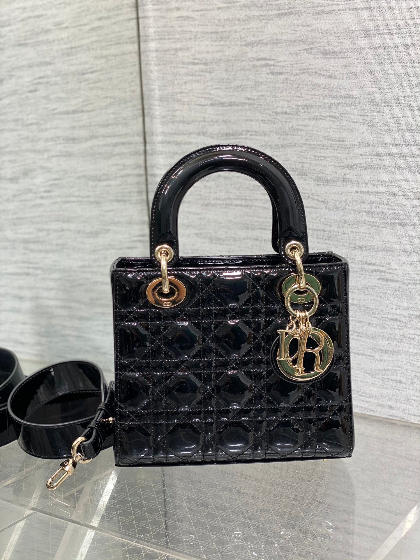 Dior Elegant Black Patent Quilted Mini Tote Bag with Gold Tone Hardware