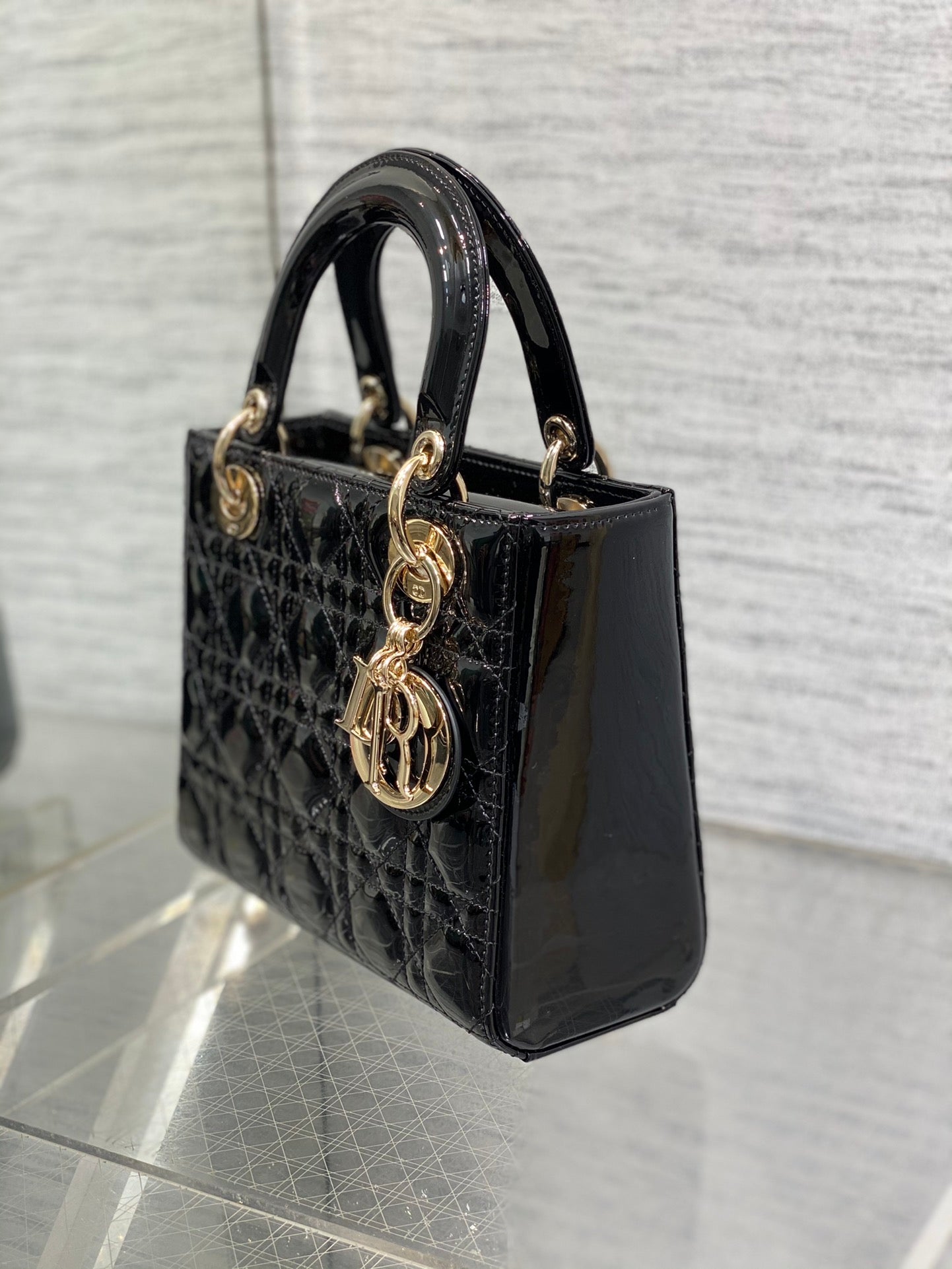 Dior Classic Black Quilted Patent Leather Mini Top Handle Bag