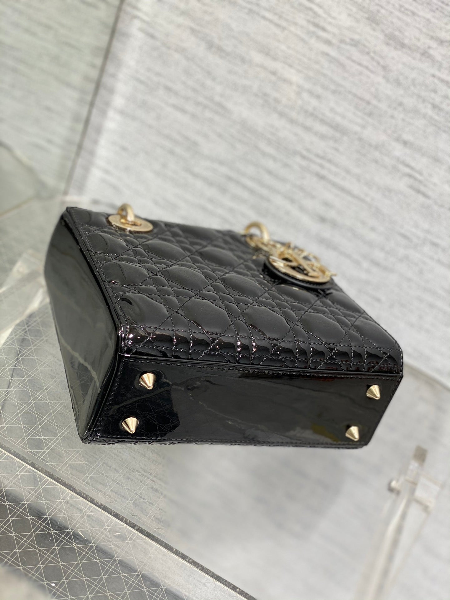 Dior Elegant Black Patent Quilted Mini Tote Bag with Gold Tone Hardware