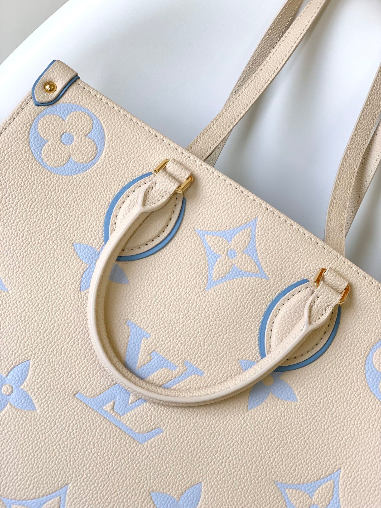 Louis Vuitton Elegant Beige and Pastel Blue Monogram Pattern Top Handle Tote Bag