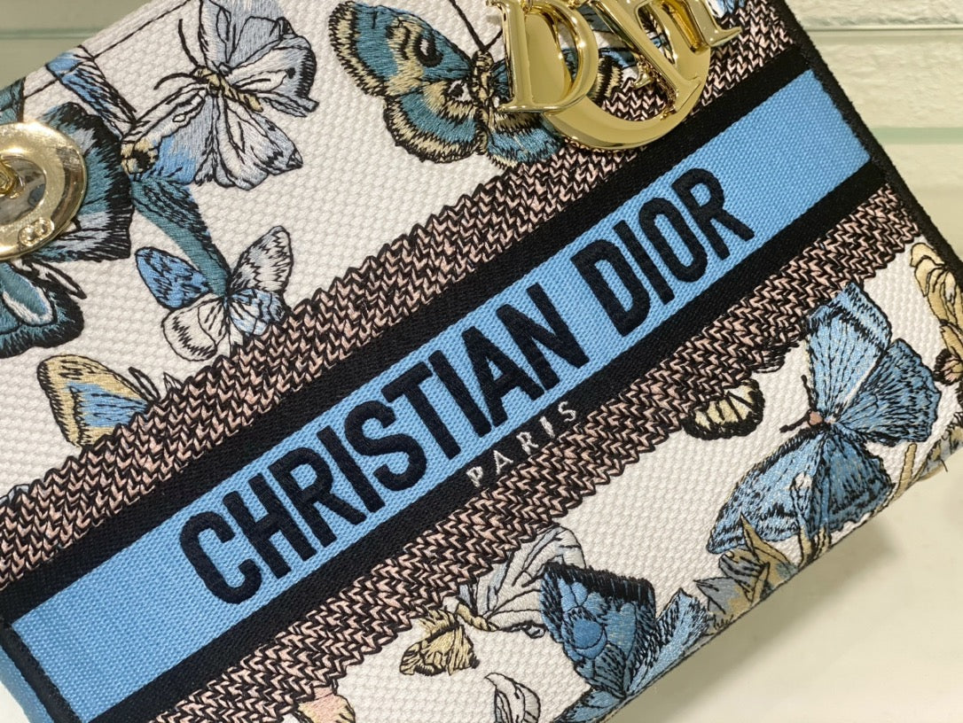 Christian Dior Mini Lady D-Lite Bag with White and Blue Butterfly Embroidery