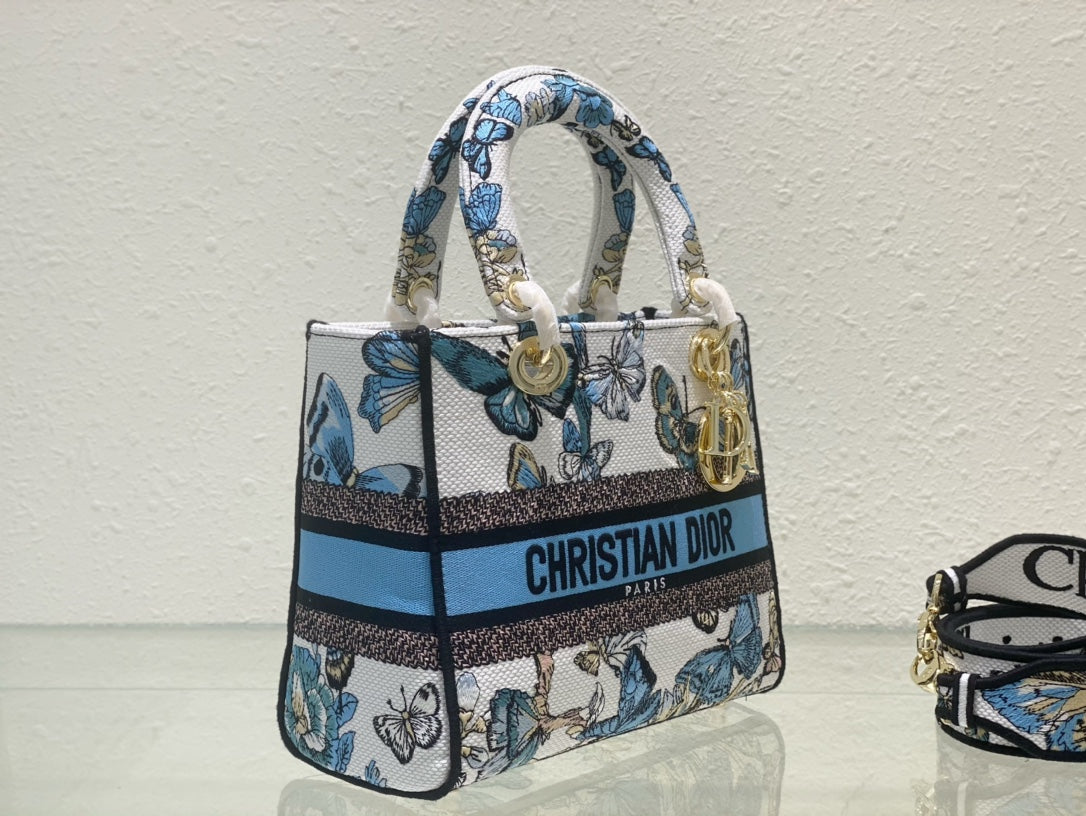 Dior Blue Butterfly Embroidered Top Handle Bag with Shoulder Strap