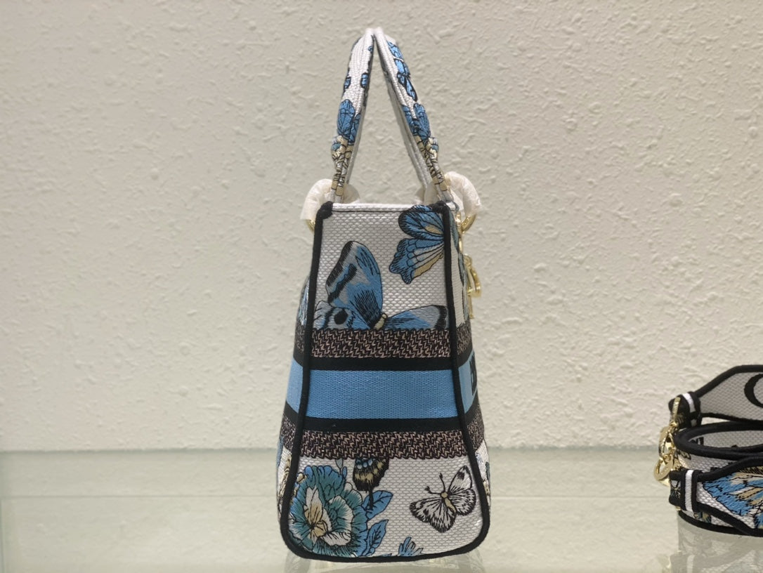 Dior Blue Butterfly Embroidered Top Handle Bag with Shoulder Strap
