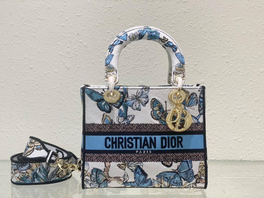 Dior Blue Butterfly Embroidered Top Handle Bag with Shoulder Strap