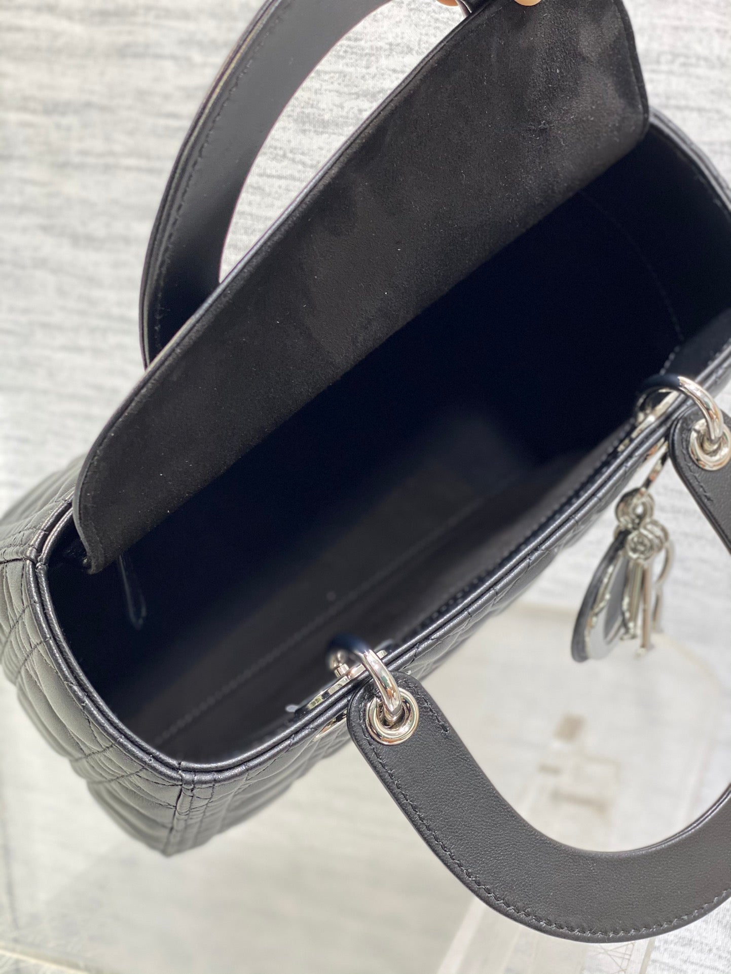 Dior Classic Black Quilted Leather Top Handle Handbag with Shoulder Strap