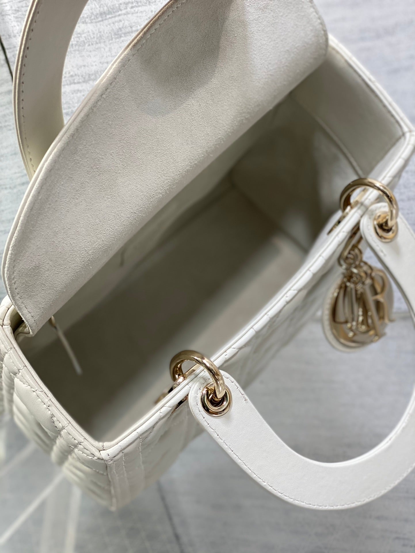 Dior Classic White Quilted Leather Top Handle Handbag with Gold Charms