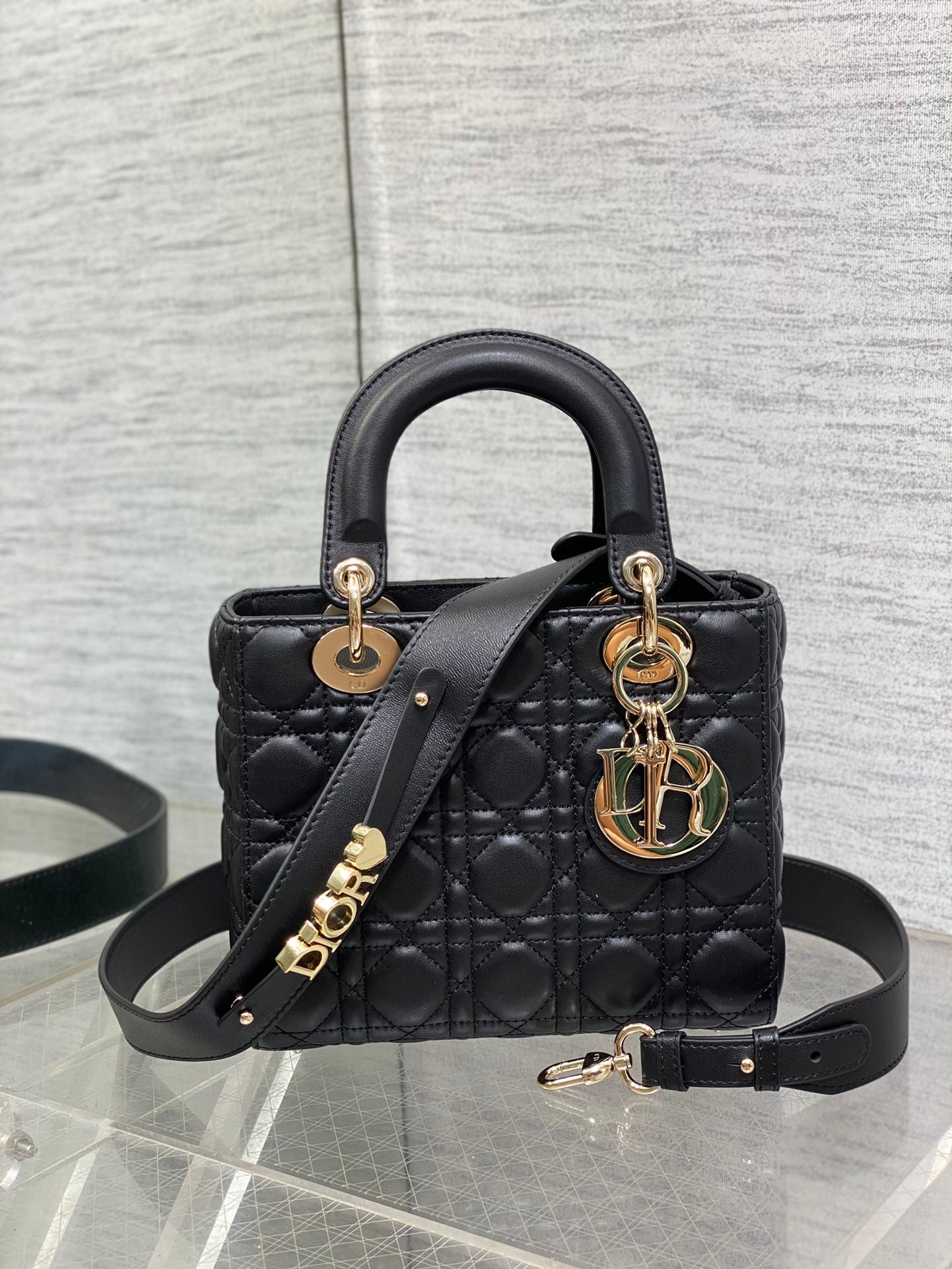 Dior Black Quilted Leather Top Handle Bag with Crossbody Strap