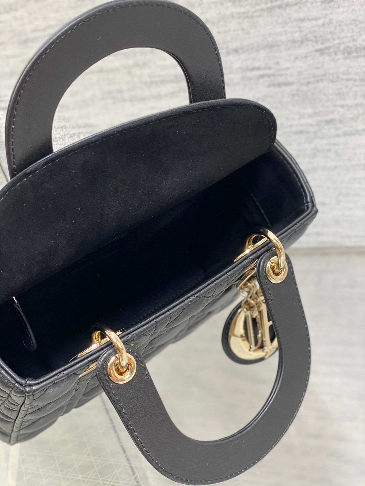 Dior Black Quilted Leather Top Handle Crossbody Bag with Gold Charms