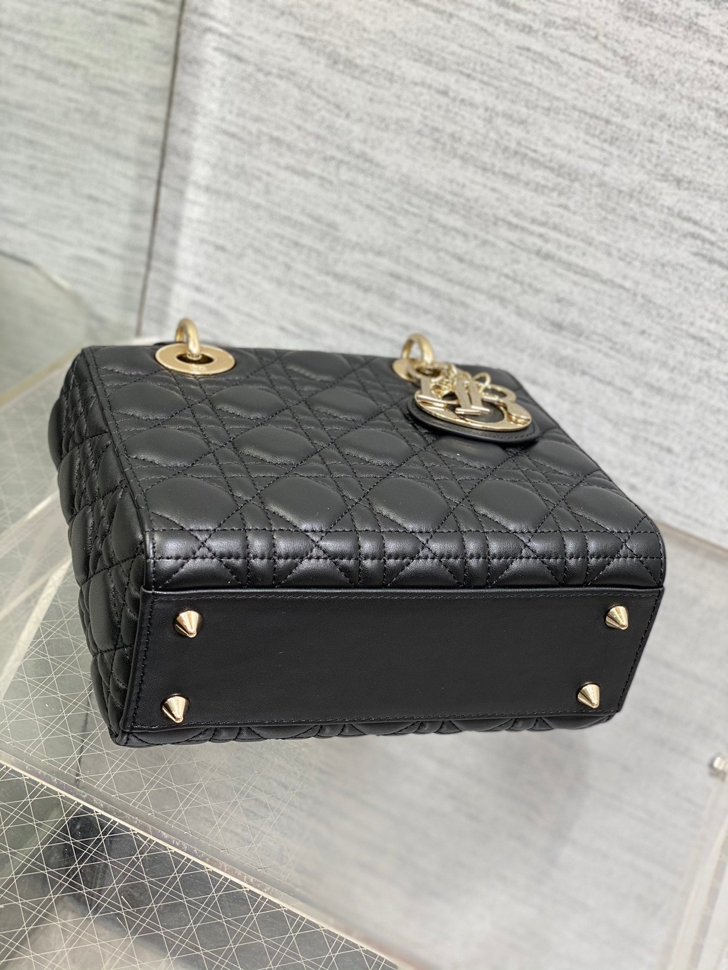 Dior Luxury Black Quilted Leather Mini Tote Bag with Gold Charm Accents