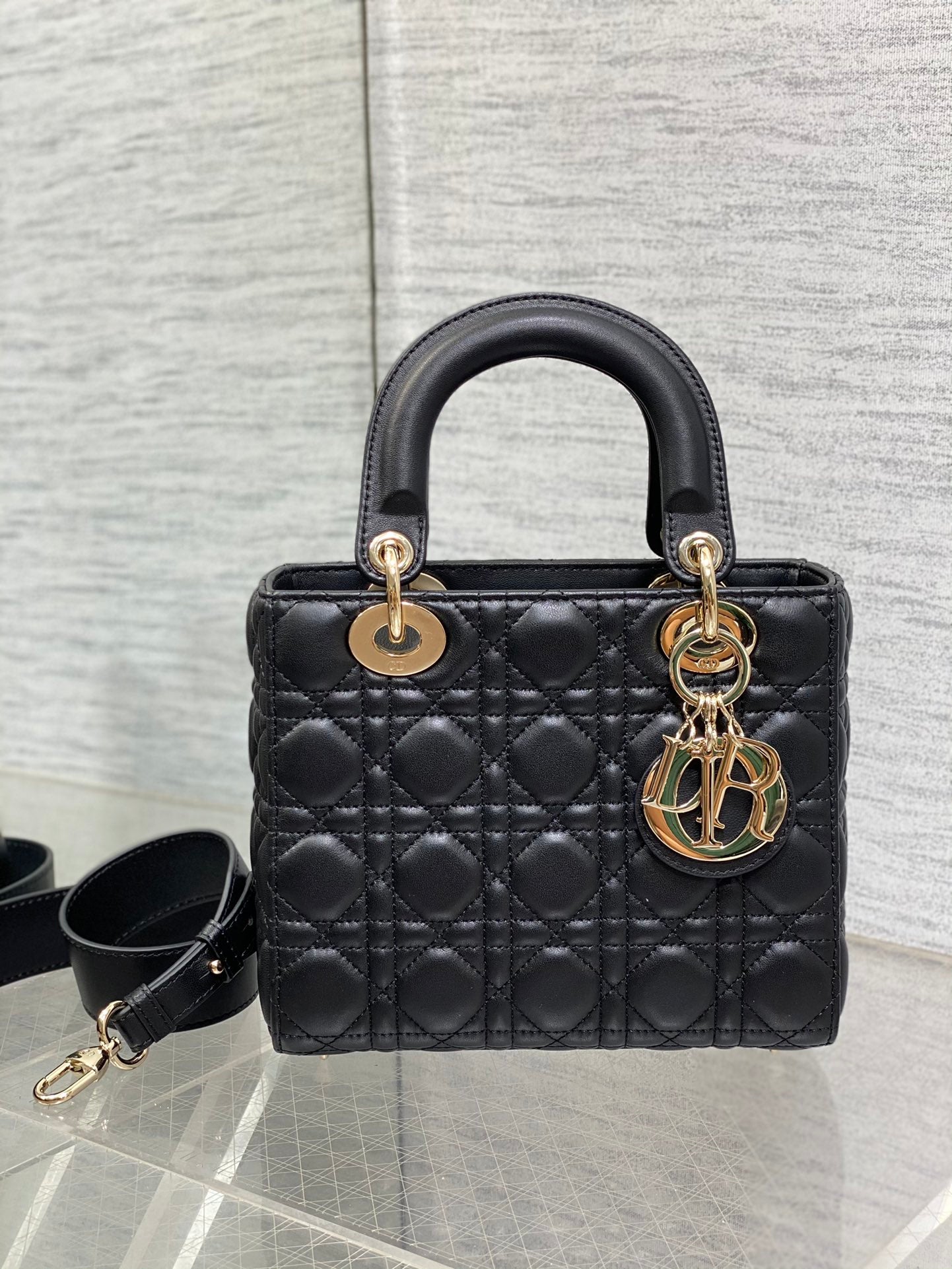 Dior Luxury Black Quilted Leather Mini Tote Bag with Gold Charm Accents