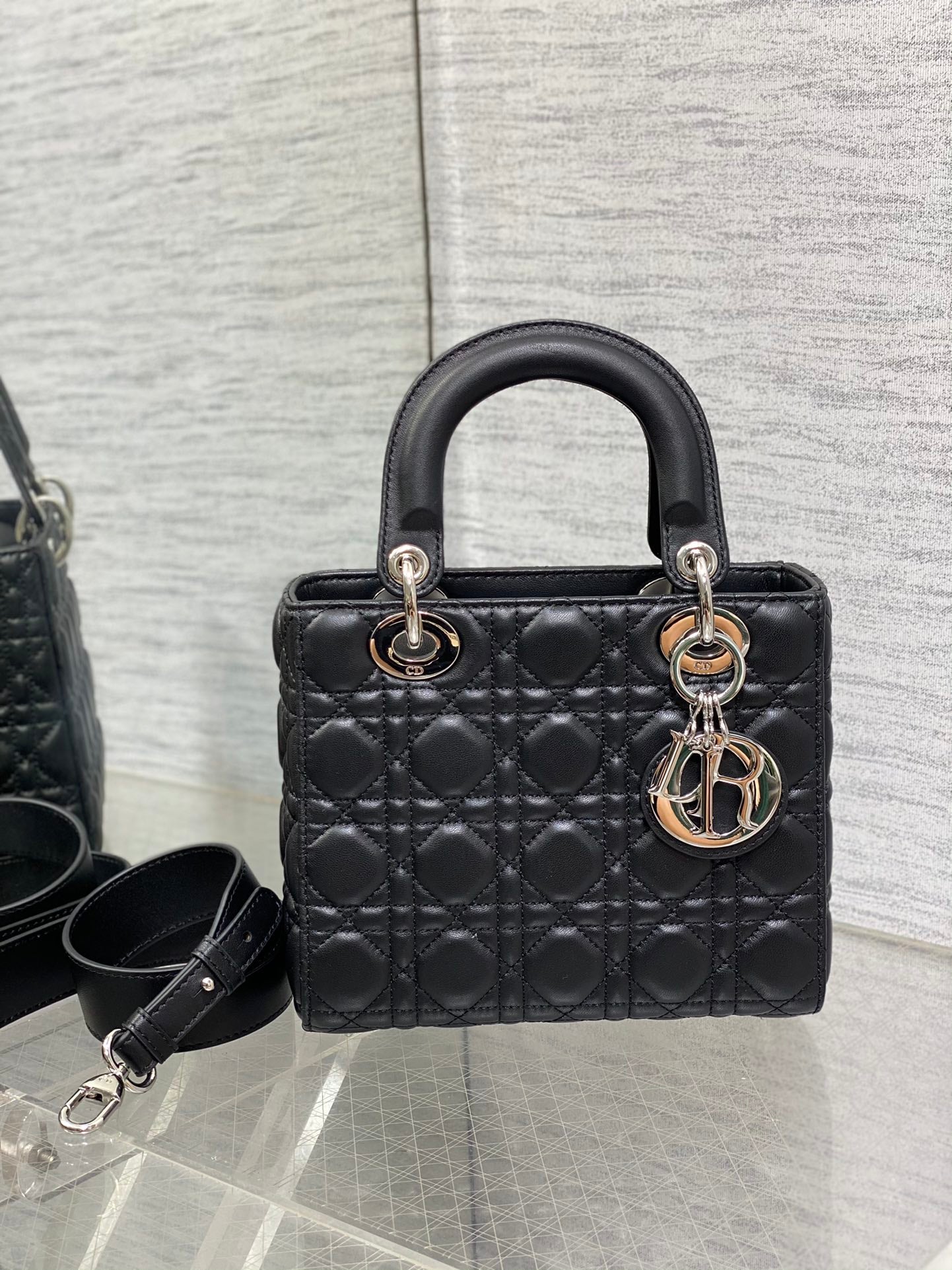 Dior Classic Black Quilted Leather Handbag with Top Handles and Strap