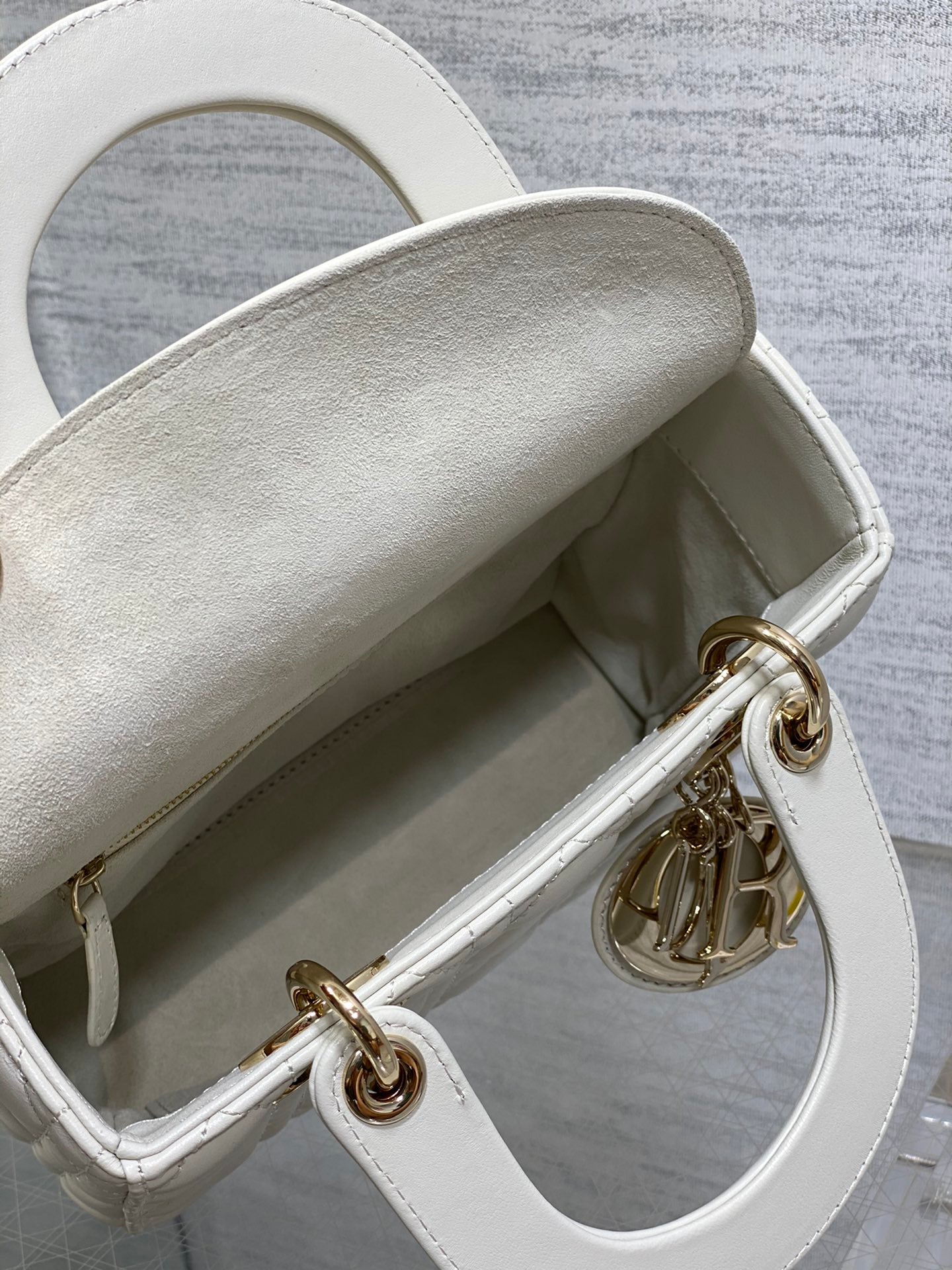 Dior White Quilted Leather Top Handle Handbag with Gold Hardware