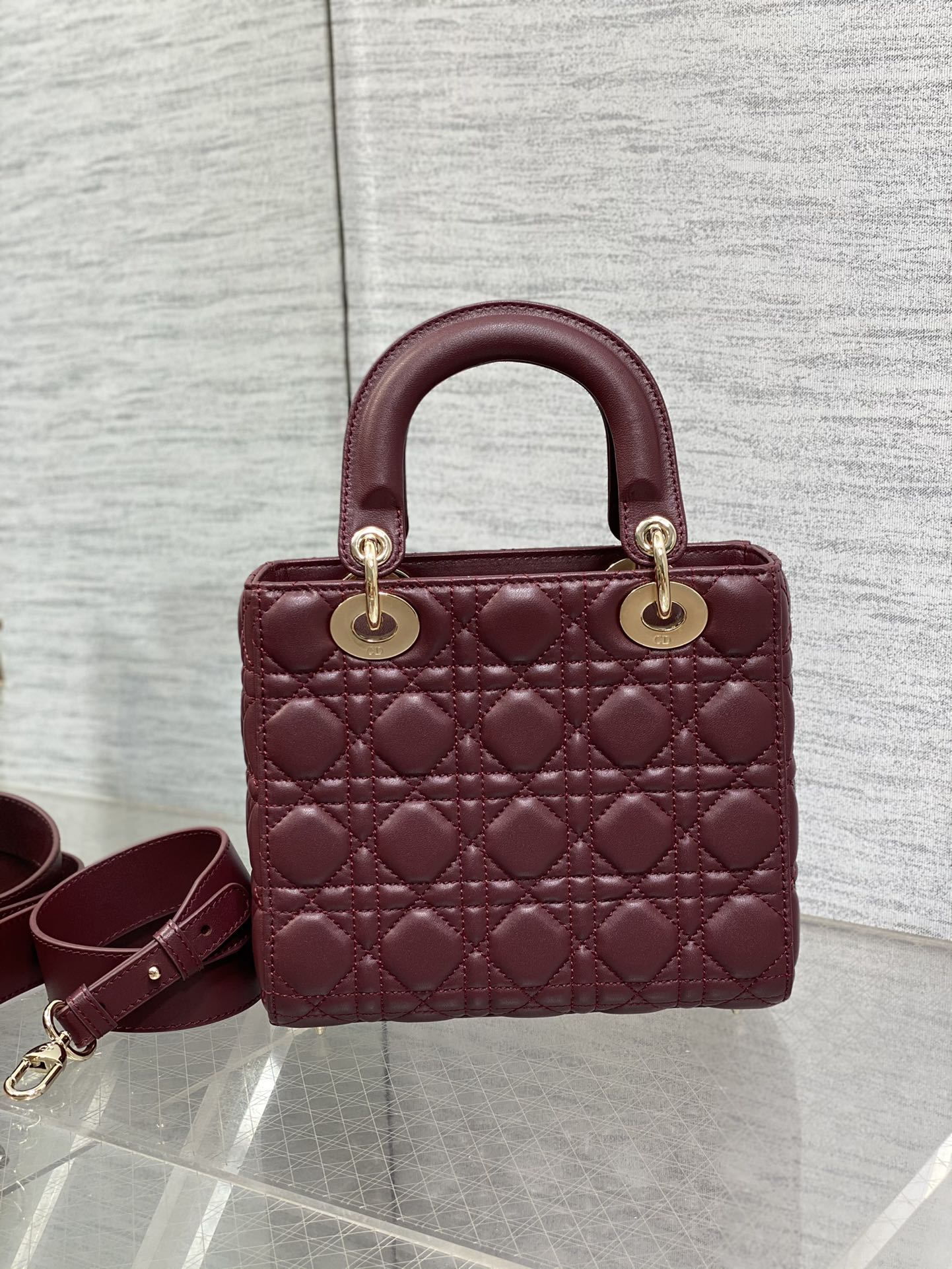 Dior Burgundy Quilted Leather Top Handle Handbag with Crossbody Strap