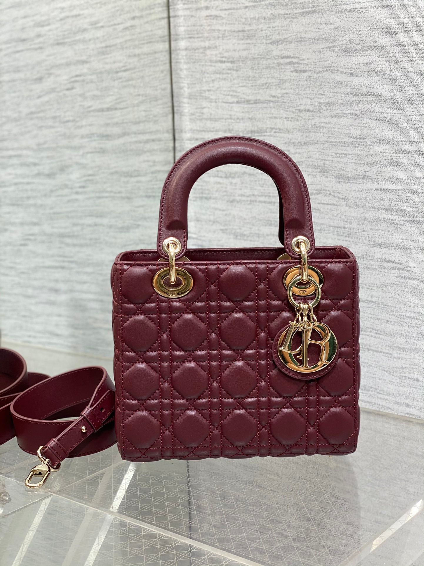 Dior Burgundy Quilted Leather Top Handle Handbag with Crossbody Strap