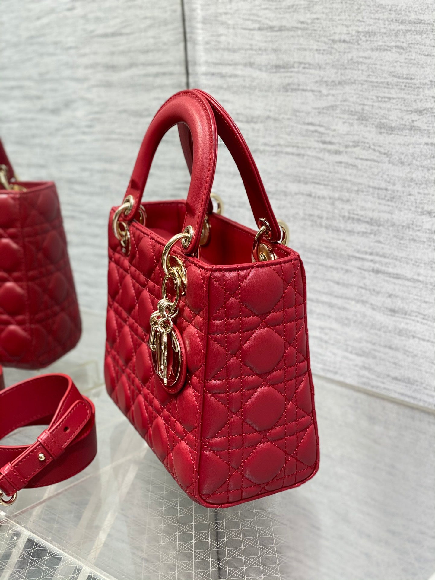 Dior Red Quilted Leather Mini Top Handle Handbag with Gold Charms