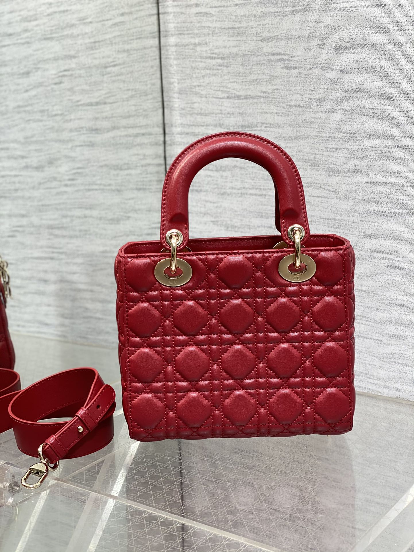 Dior Red Quilted Leather Mini Handbag with Top Handle and Shoulder Strap