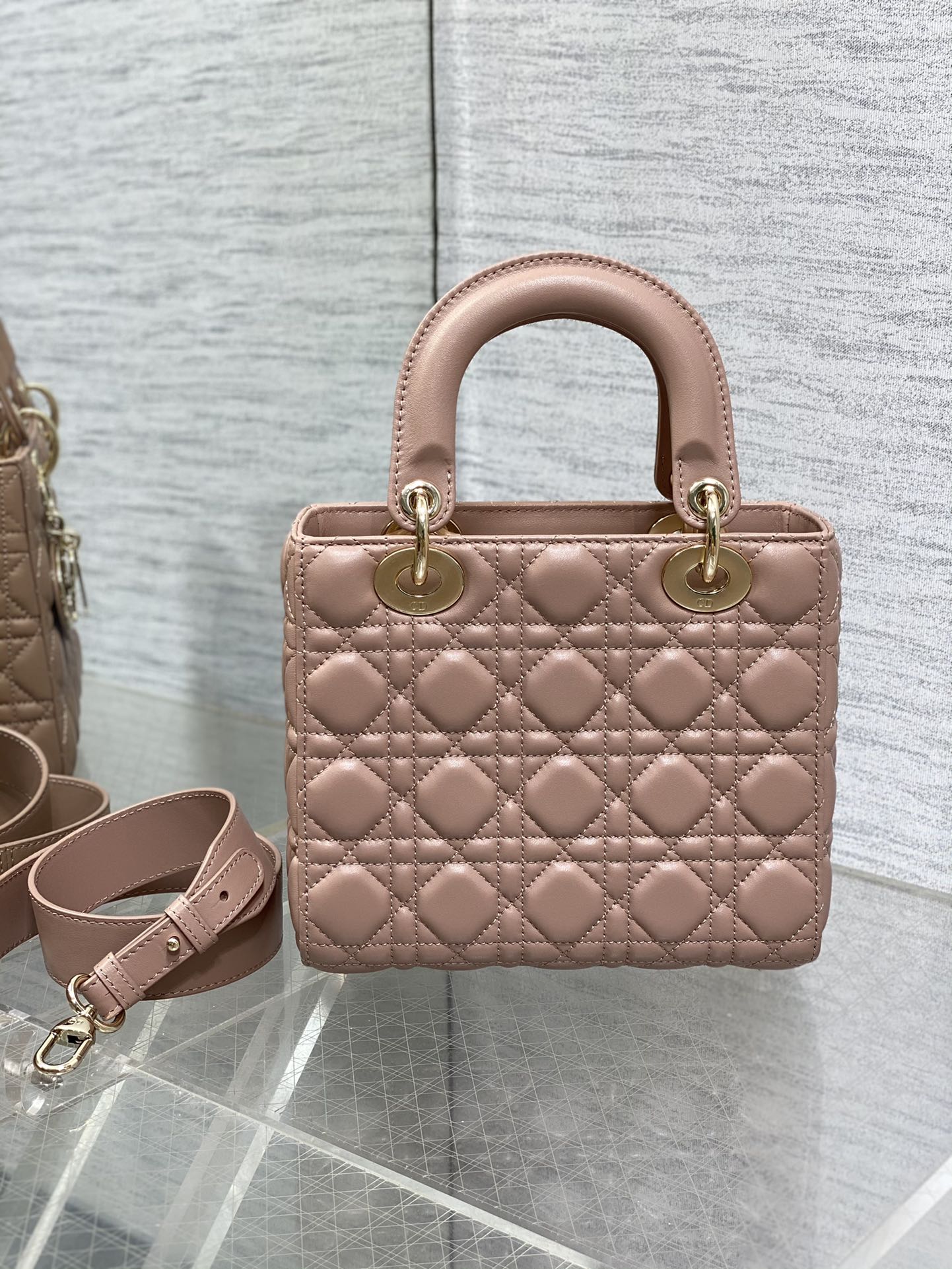 Dior Elegant Blush Pink Quilted Leather Top Handle Crossbody Handbag