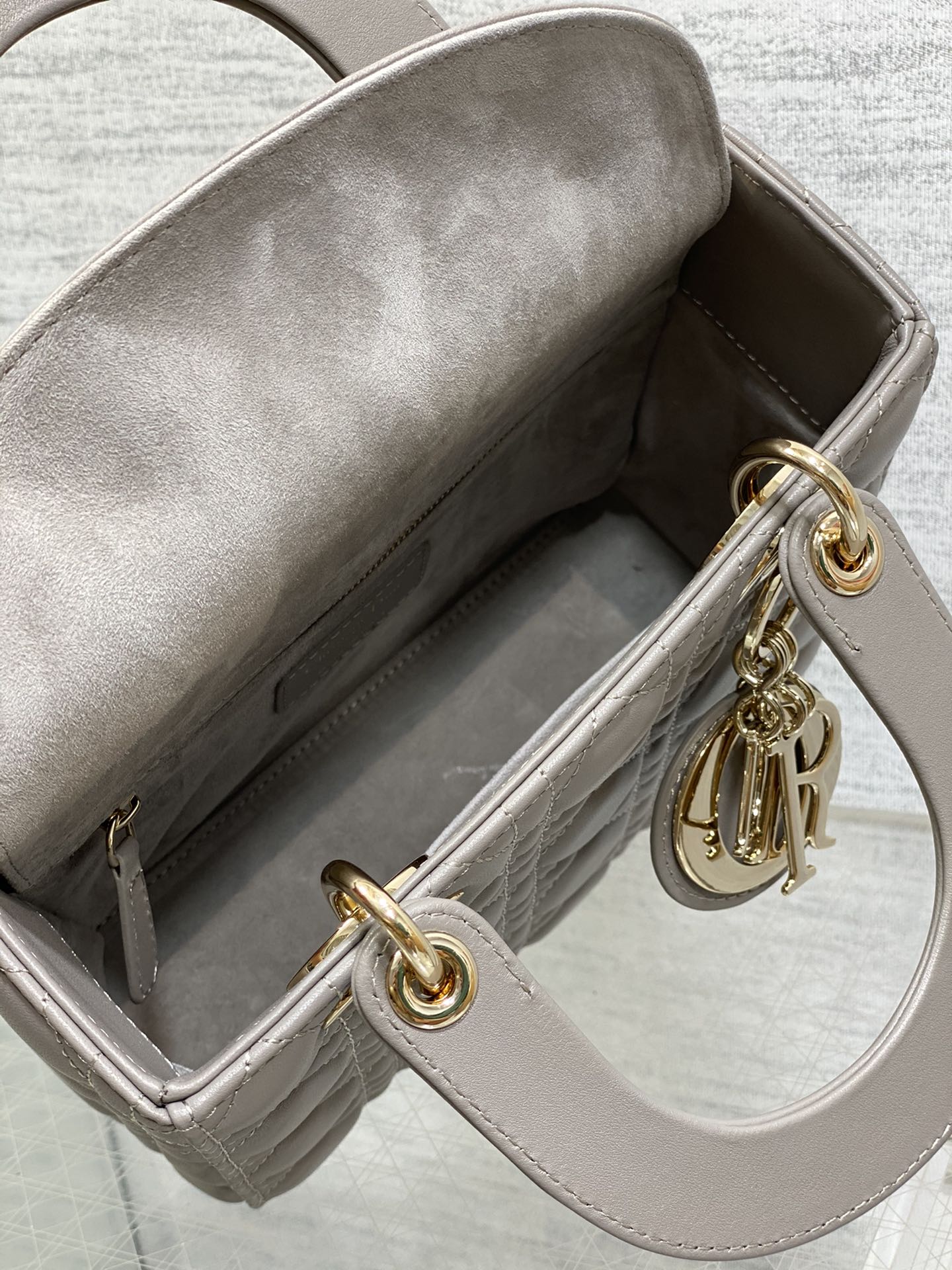 Dior Grey Diamond Quilted Leather Top Handle Bag with Shoulder Strap