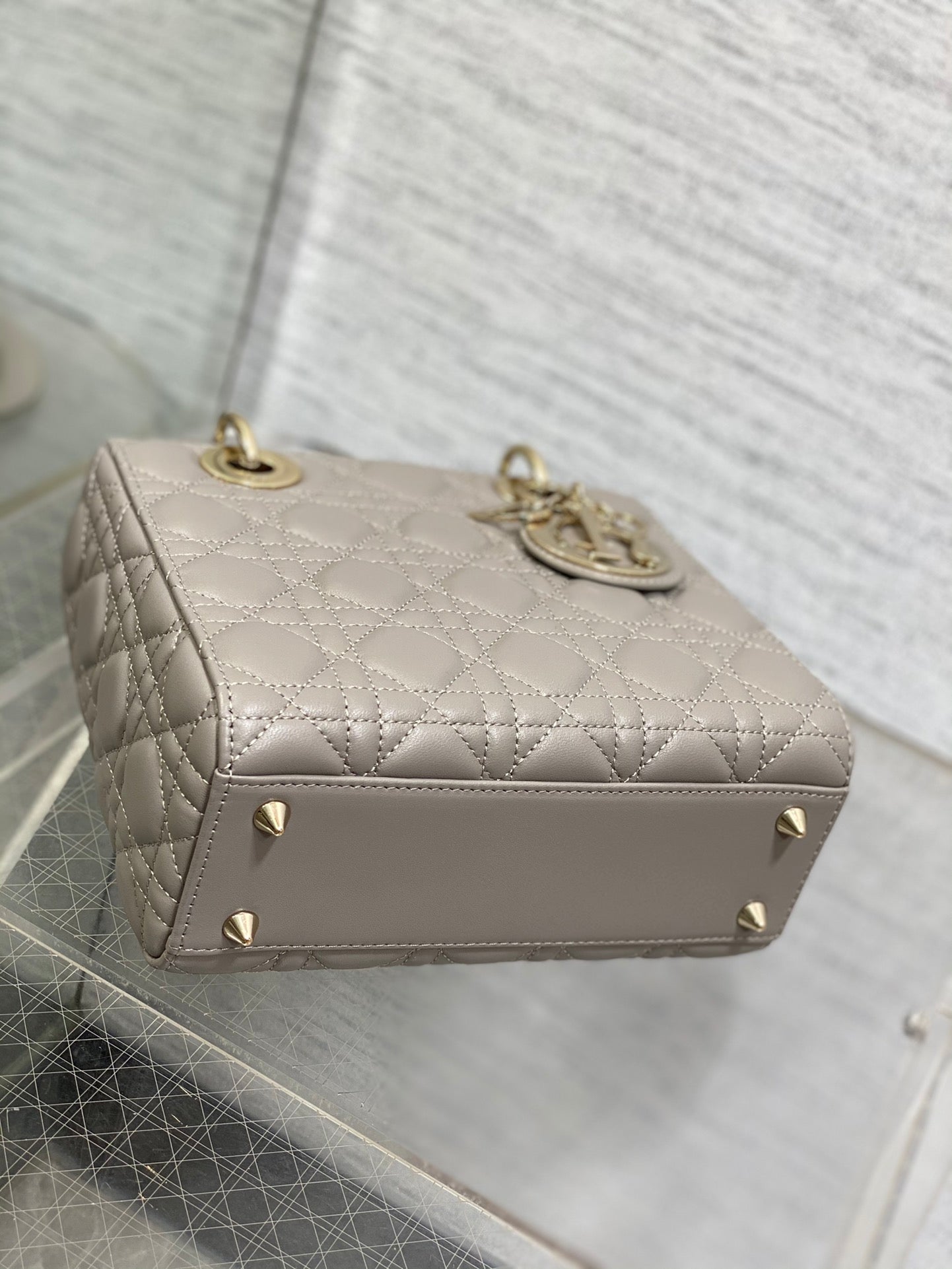 Dior Classic Grey Quilted Leather Top Handle Bag with Shoulder Strap