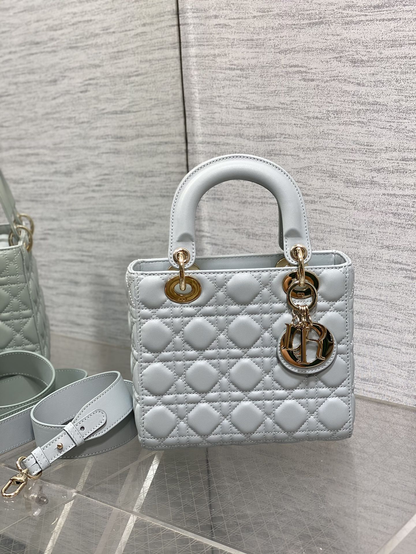 Dior Classic Light Blue Quilted Leather Handbag with Crossbody Strap