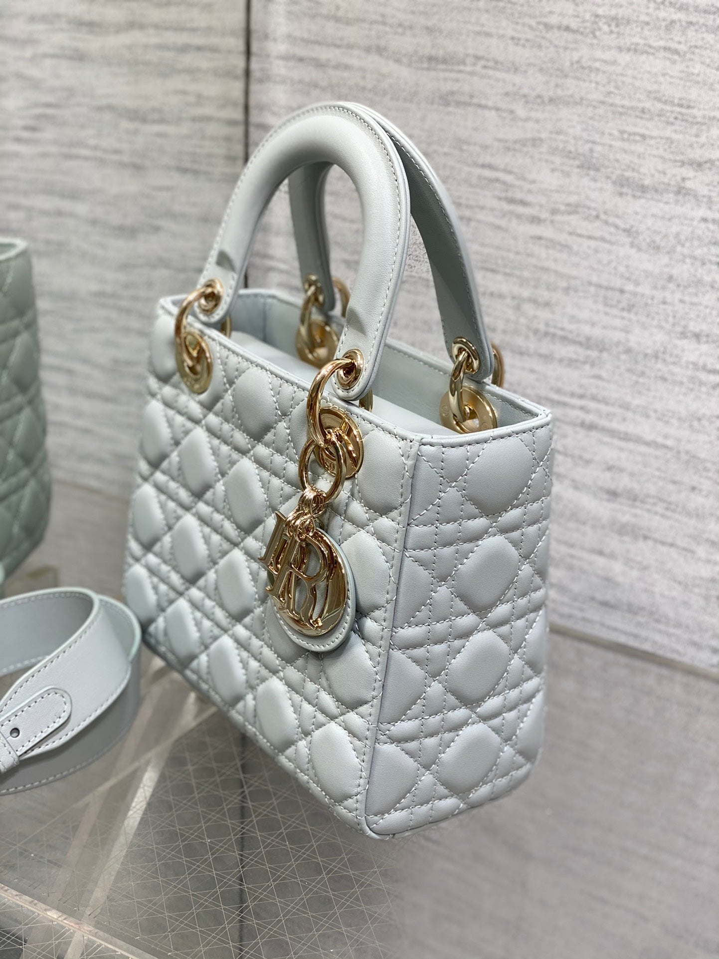 Dior Light Blue Quilted Leather Top Handle Handbag with Crossbody Strap