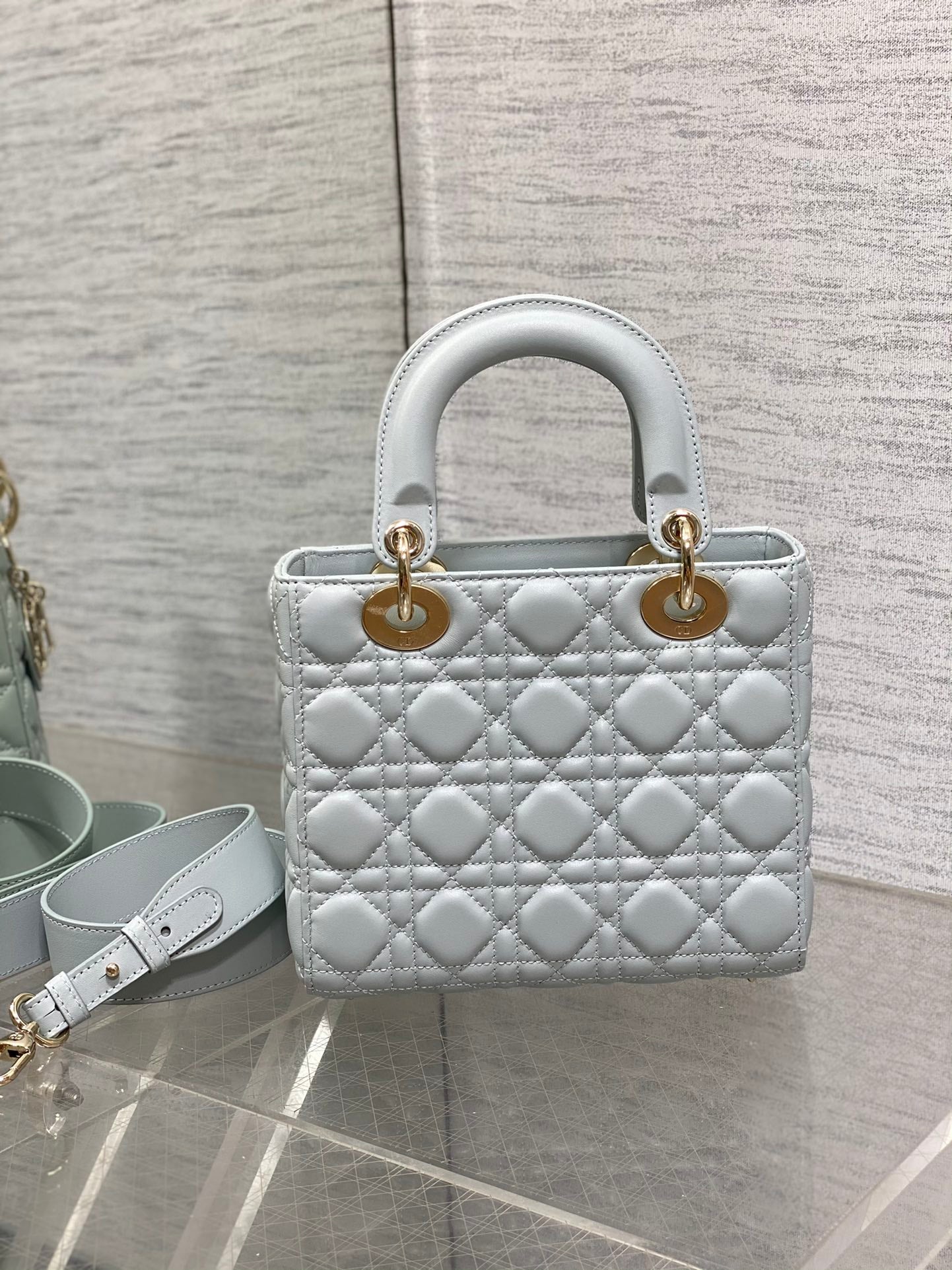 Dior Light Blue Quilted Leather Top Handle Handbag with Crossbody Strap