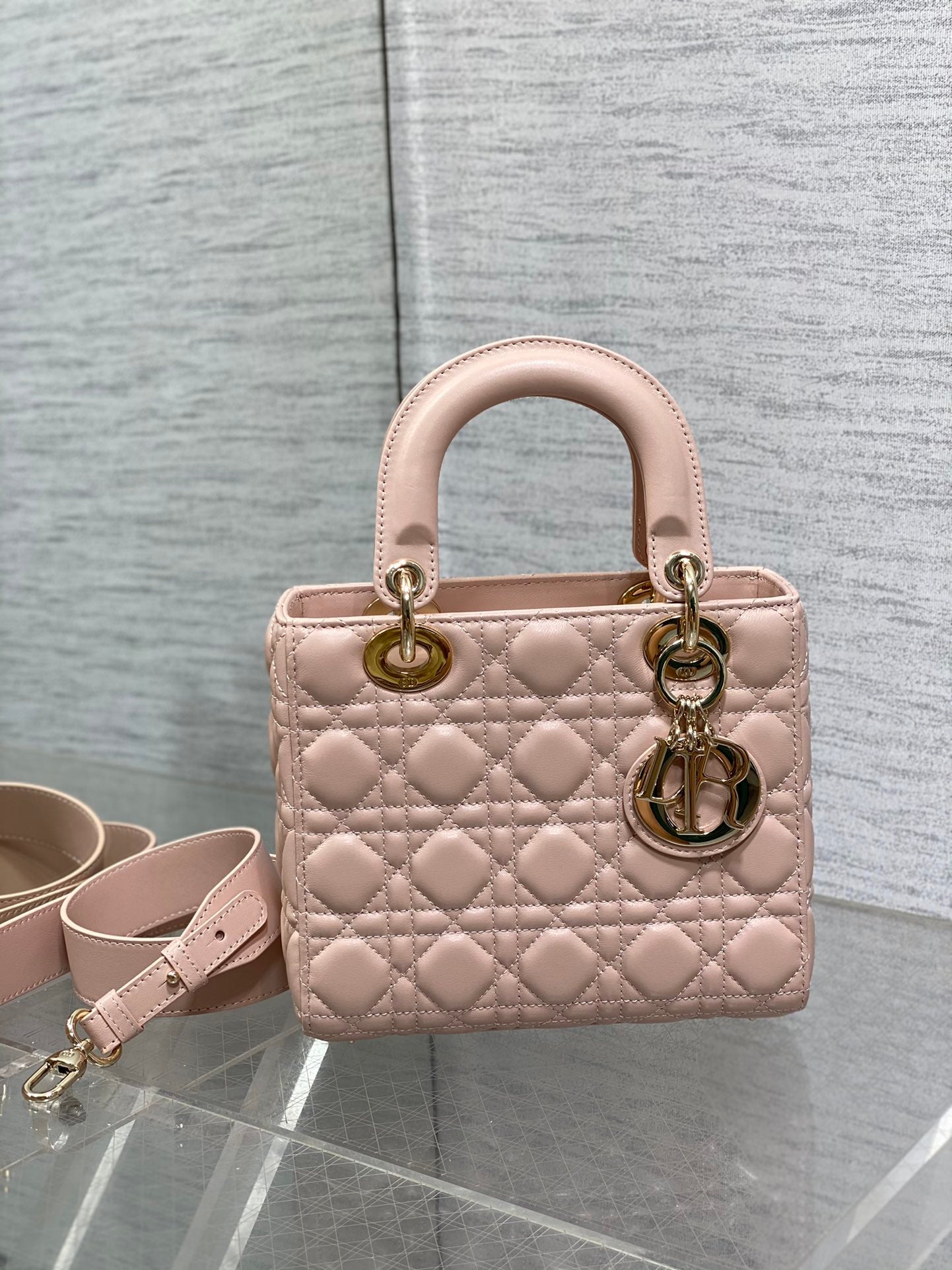 Dior Light Pink Quilted Leather Handbag with Top Handle and Gold Hardware