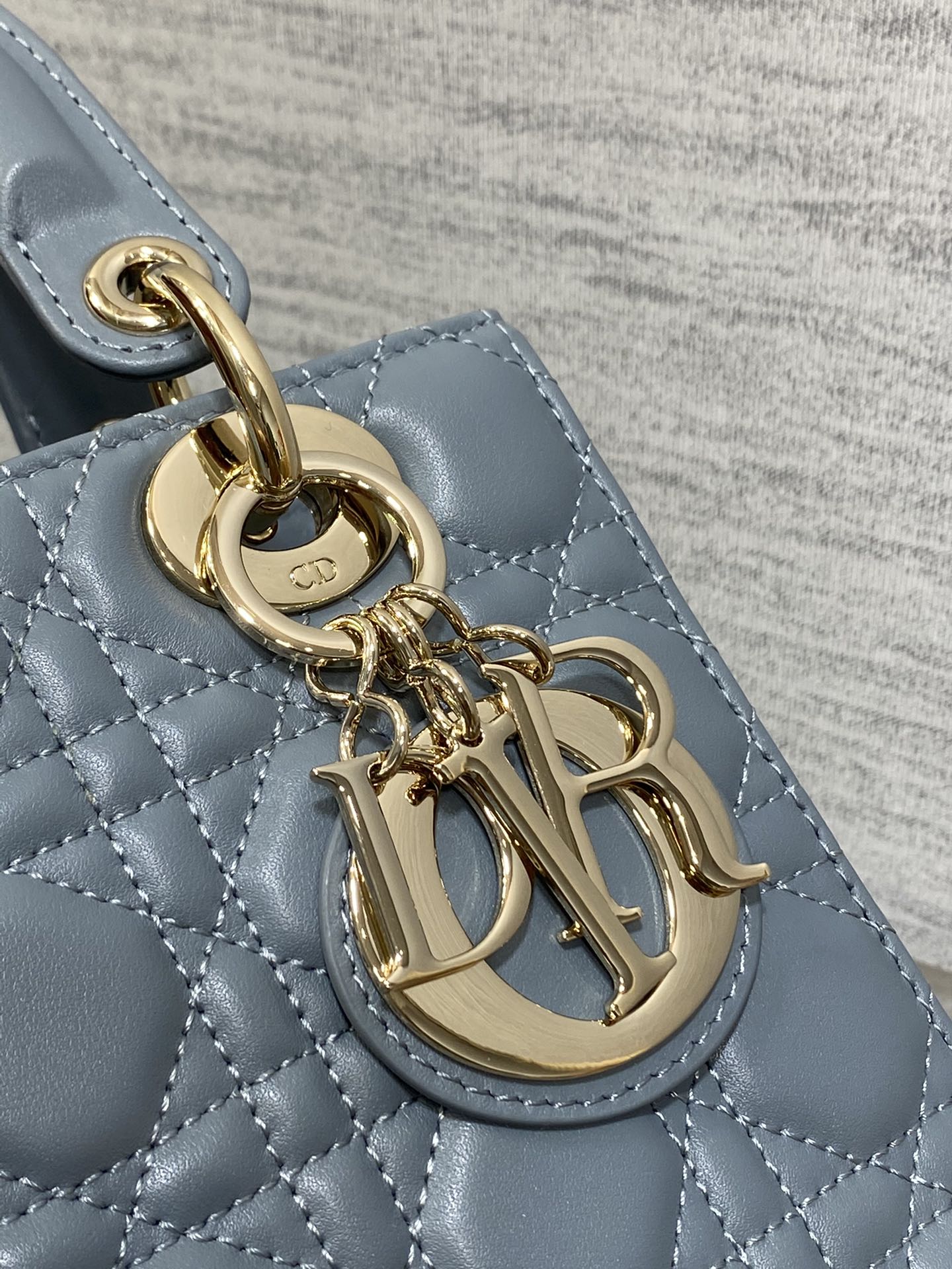 Dior Elegant Dusty Blue Quilted Leather Top Handle Crossbody Bag