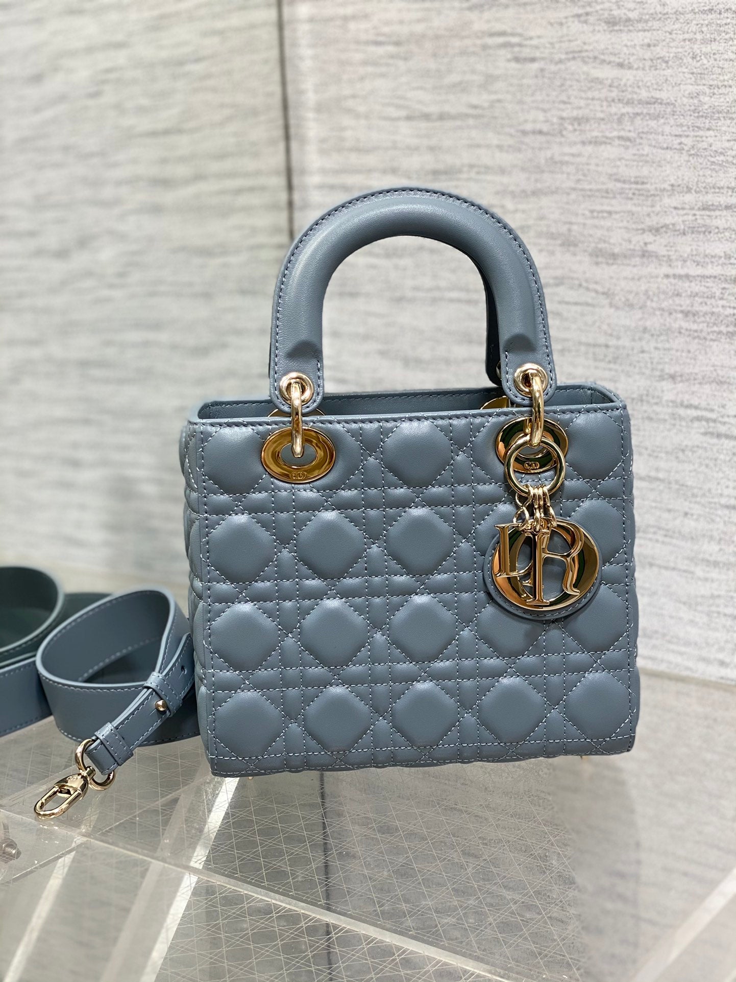 Dior Elegant Dusty Blue Quilted Leather Top Handle Crossbody Bag