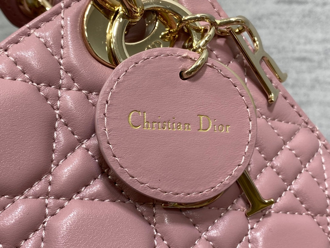 Dior Elegant Pink Quilted Mini Handbag with Gold Chain Crossbody Strap