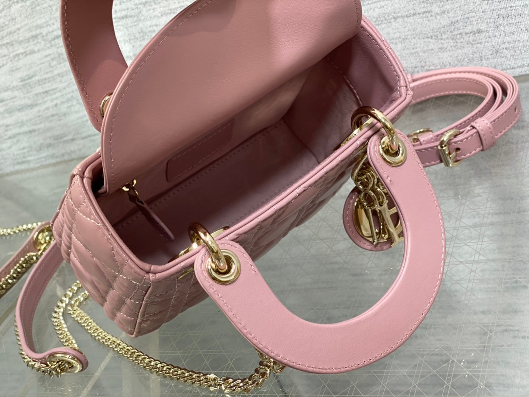 Dior Elegant Pink Quilted Mini Handbag with Gold Chain Crossbody Strap