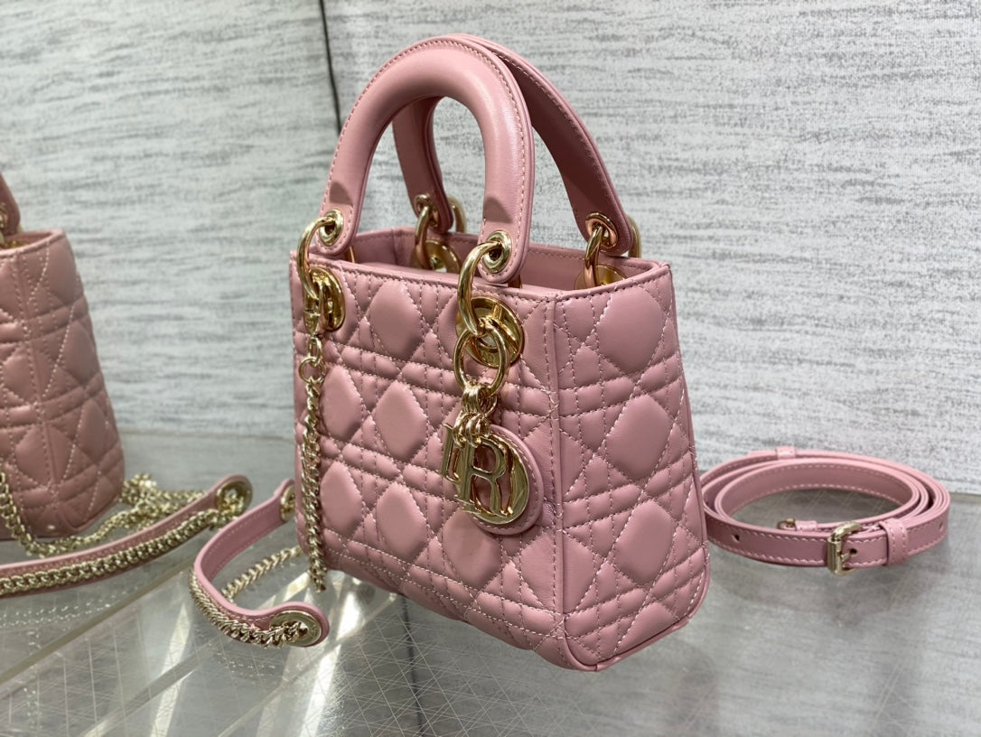 Dior Elegant Pink Quilted Mini Handbag with Gold Chain Crossbody Strap