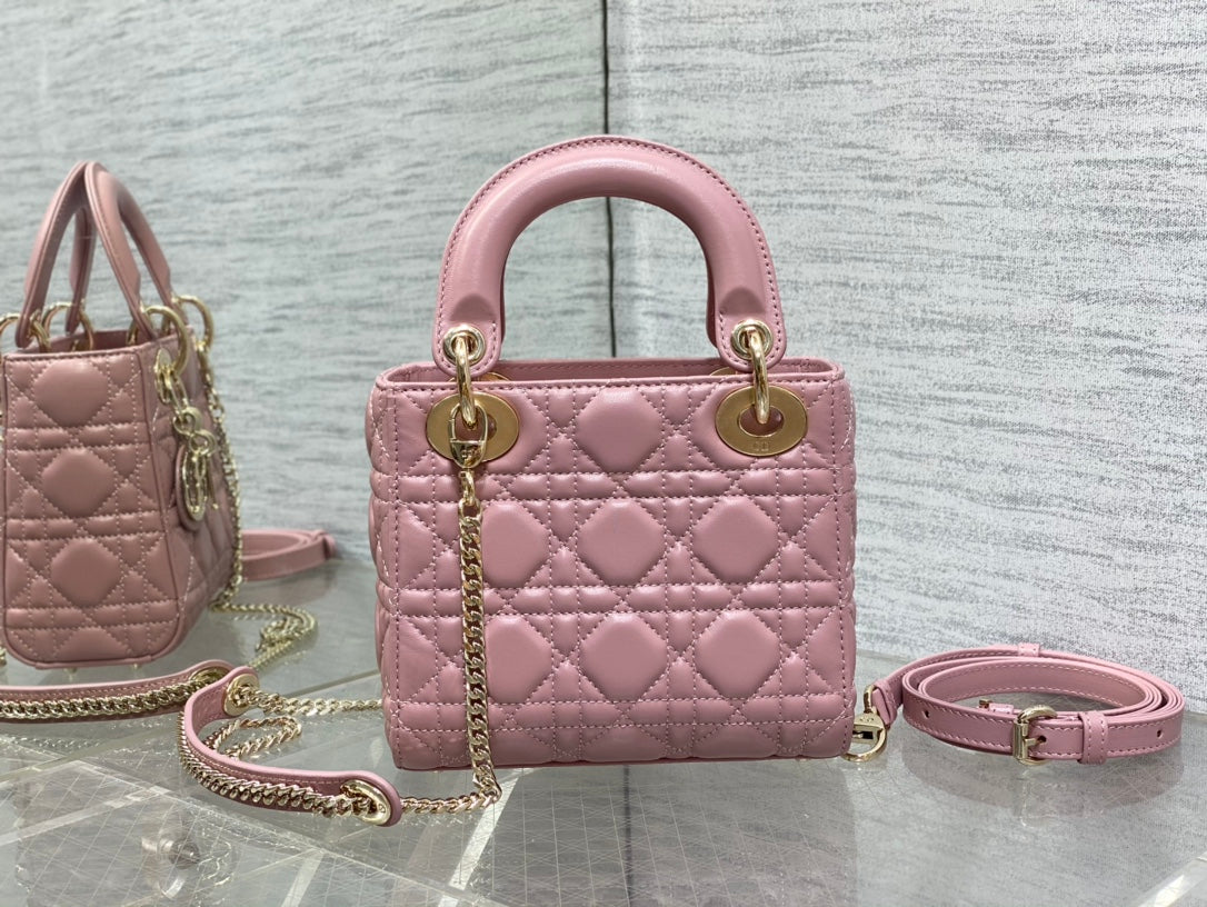 Lady Dior Mini Bag Pink Cannage Lambskin with Gold-Finish Charms