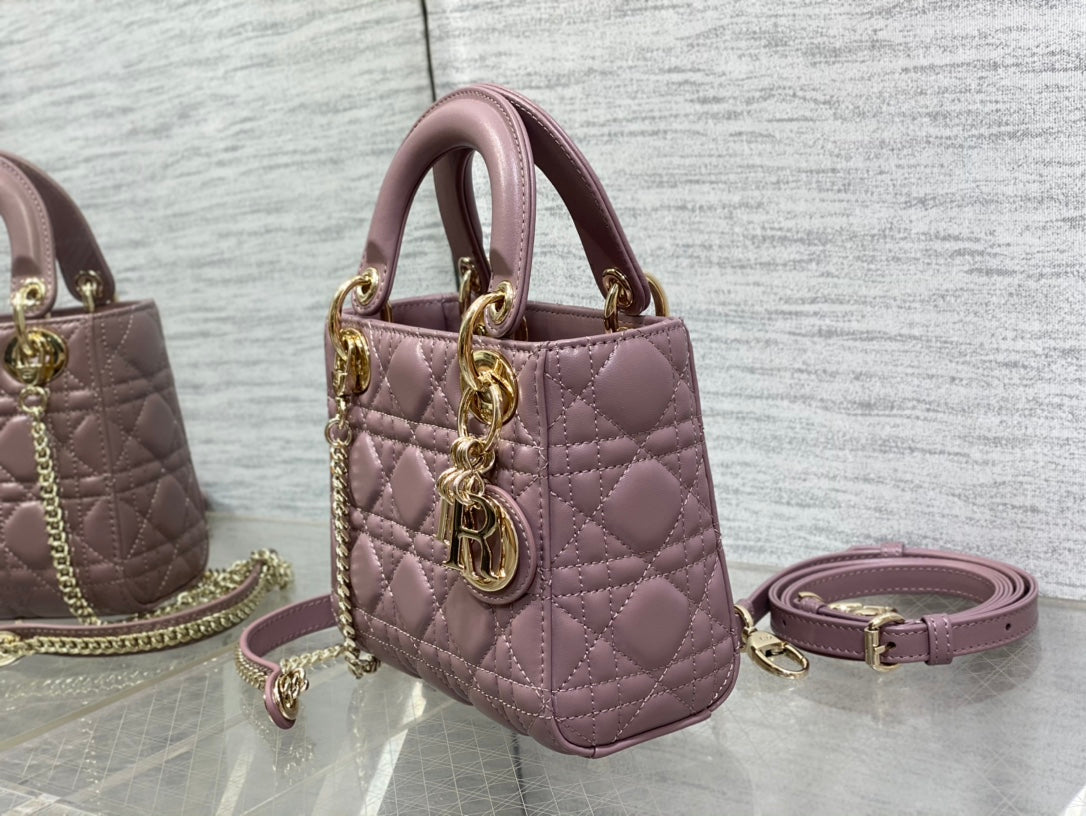 Christian Dior Mini Lady Dior Bag in Pearlescent Mauve Cannage Lambskin