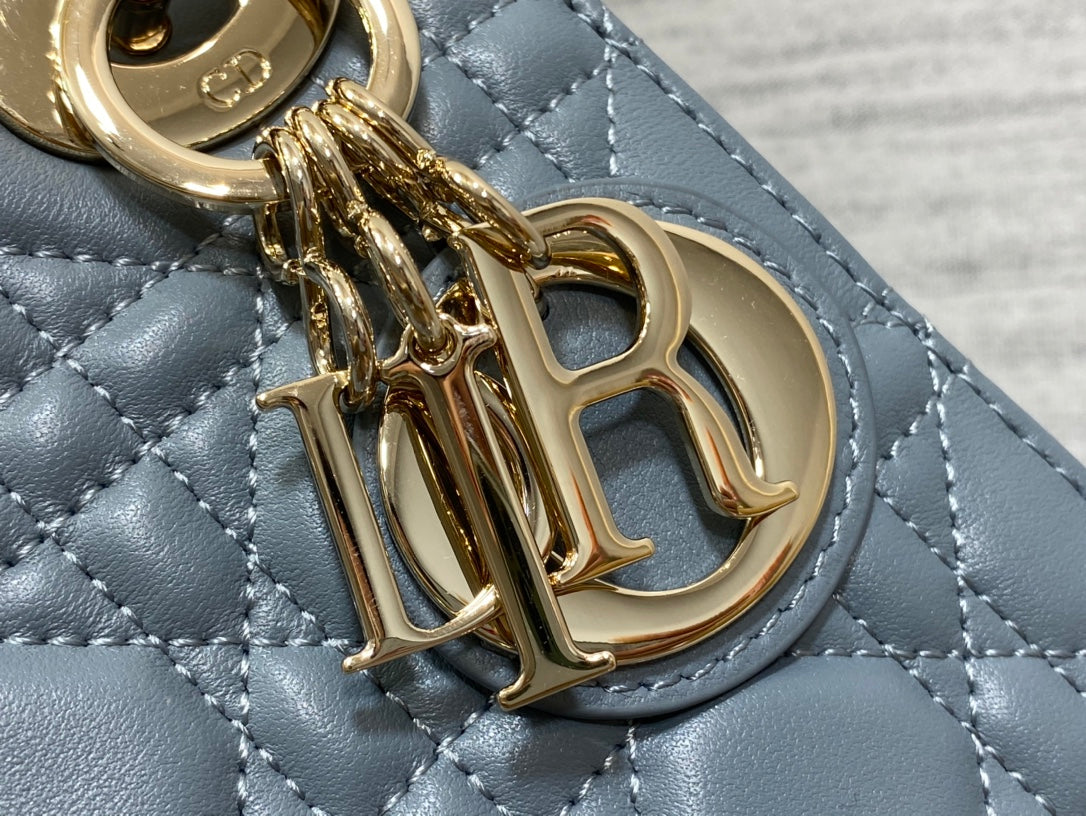 Dior Dusty Blue Quilted Leather Mini Top Handle Crossbody Handbag